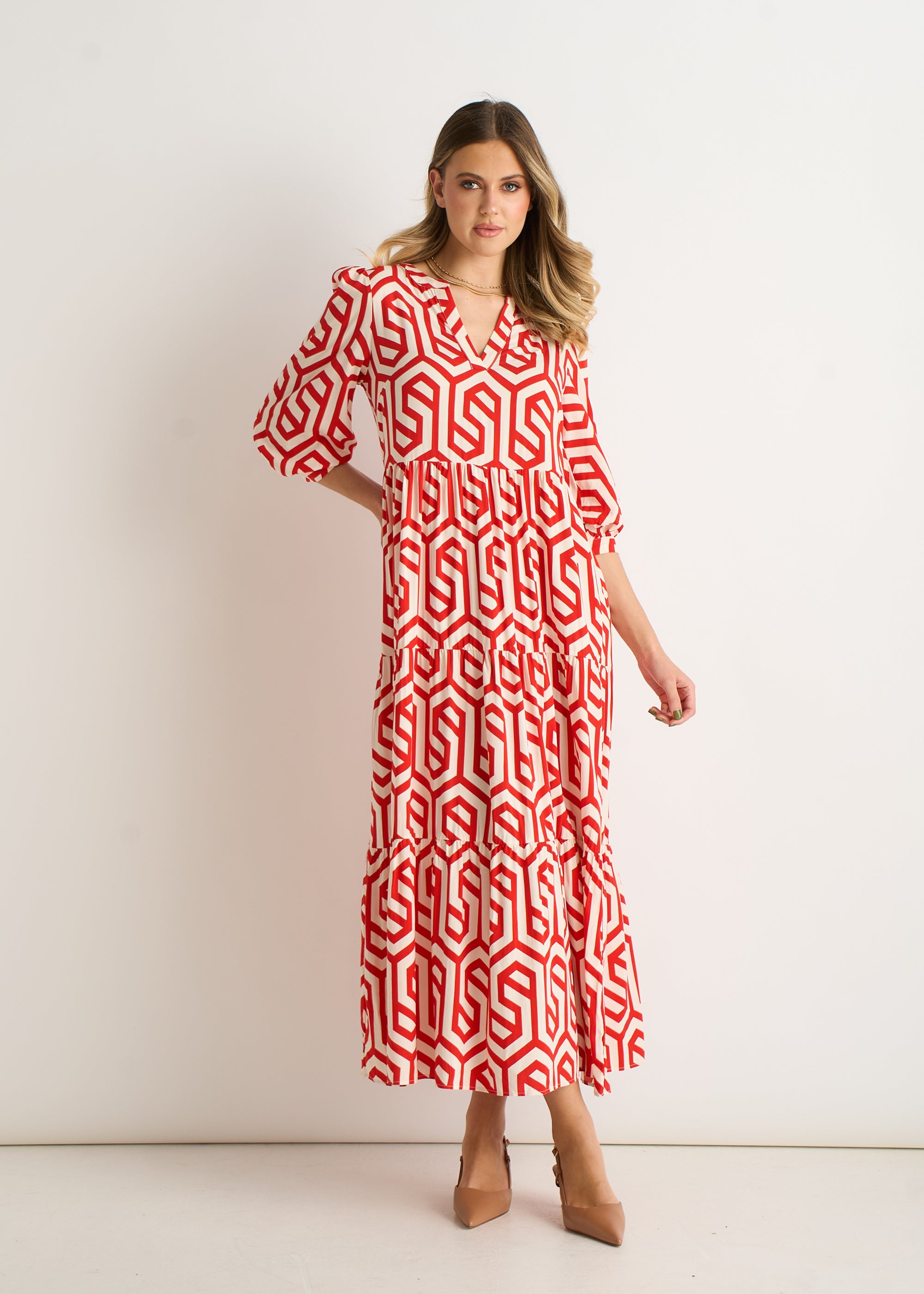 Red Geo Print Smock Maxi Dress
