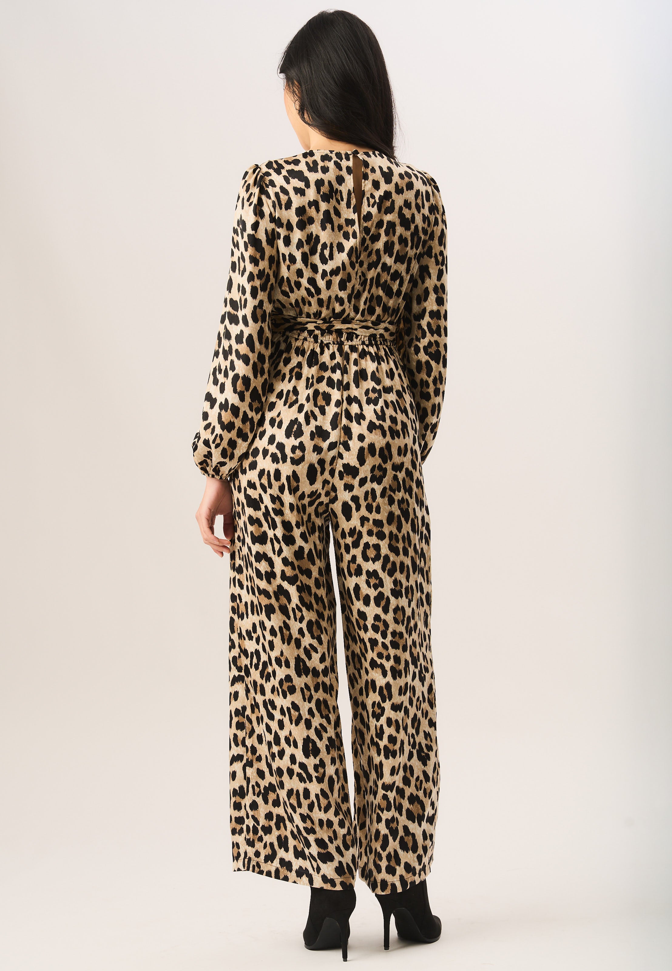 Beige Leopard Print Wrap Look Jumpsuit
