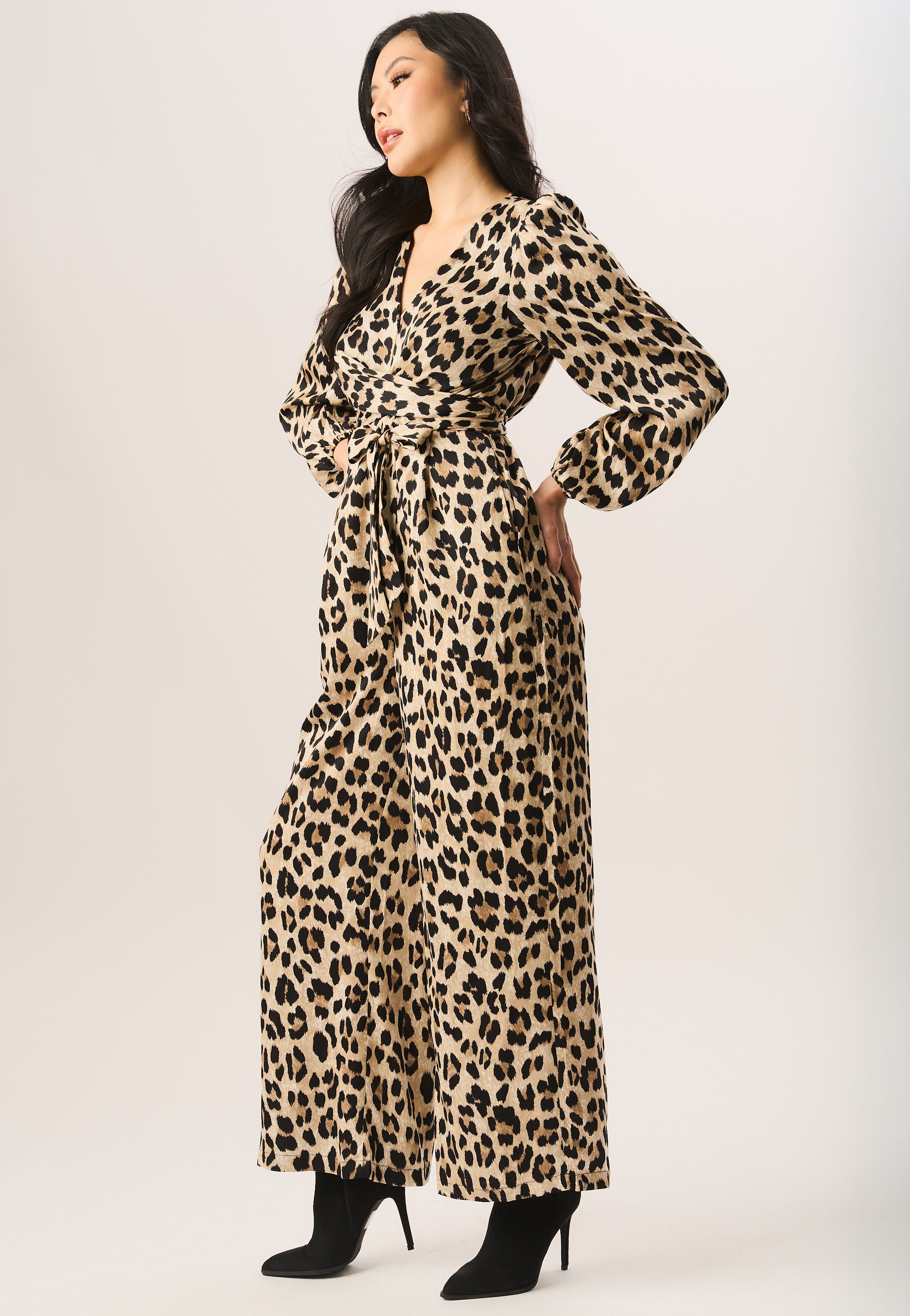Beige Leopard Print Wrap Look Jumpsuit
