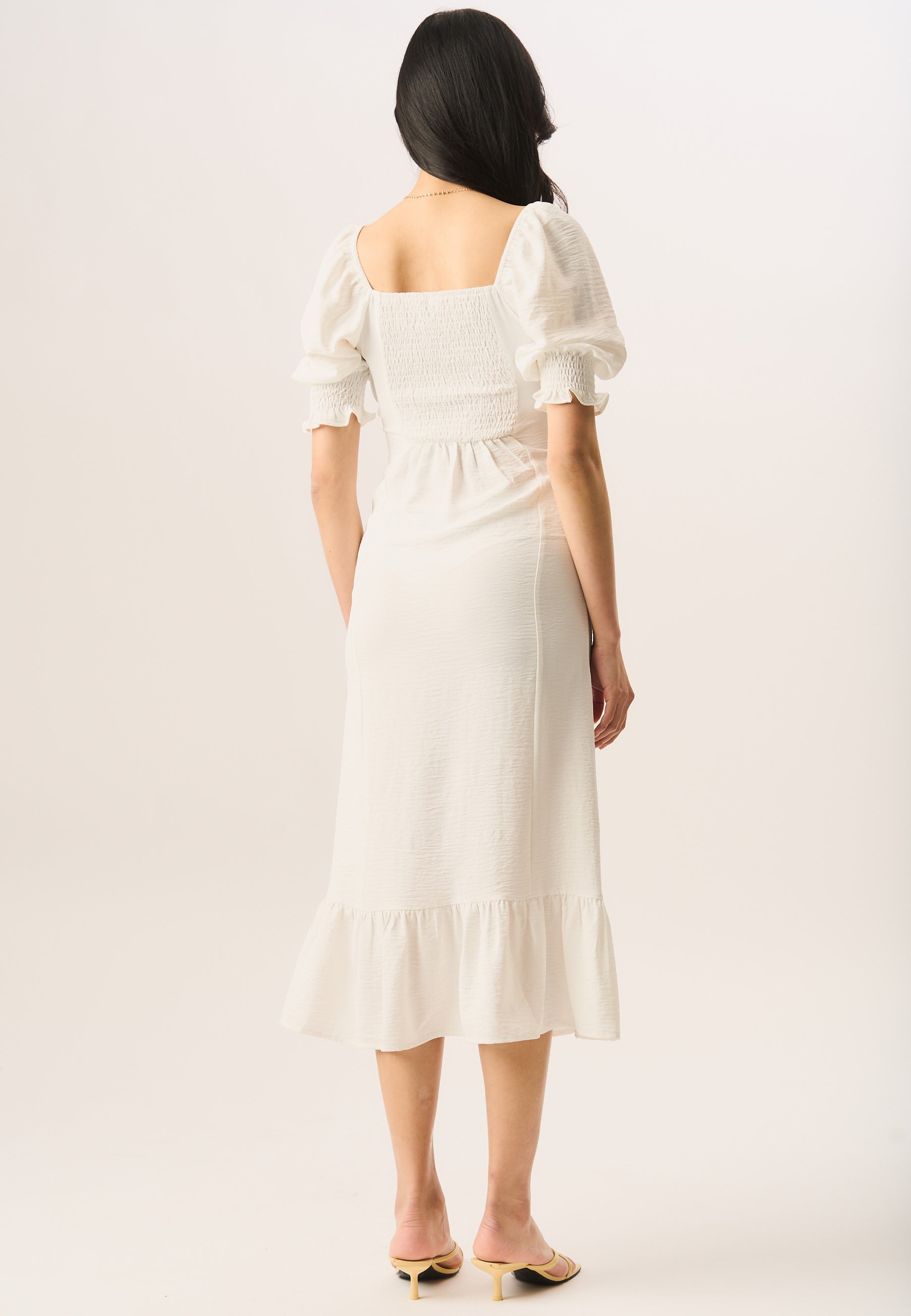 Ivory Shirred Sleeves Shift Midi Dress