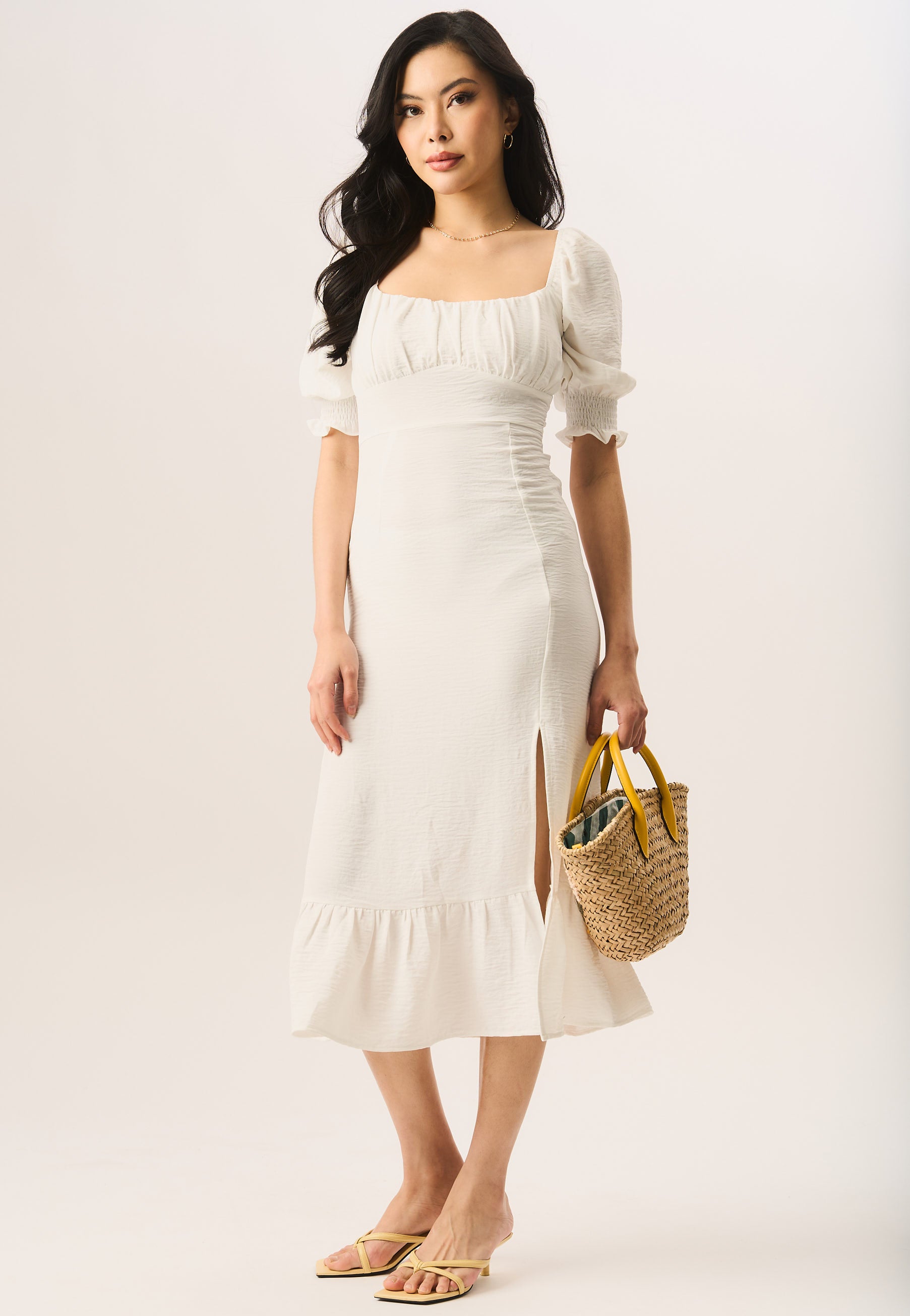 Ivory Shirred Sleeves Shift Midi Dress