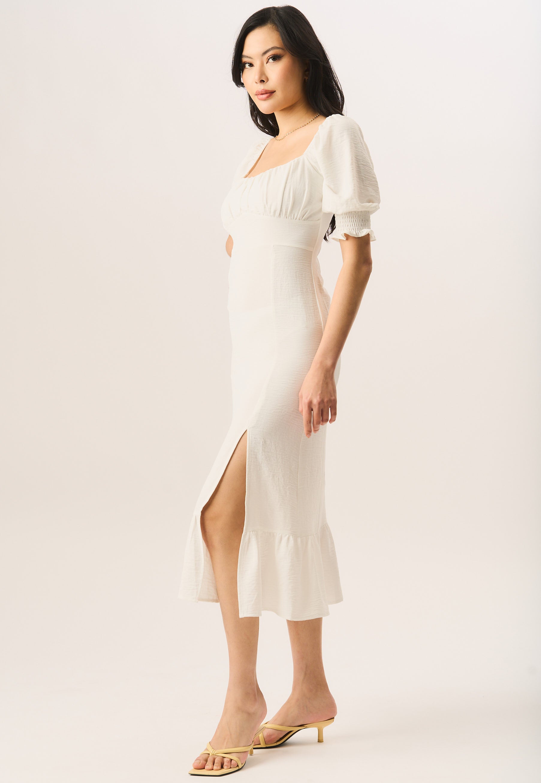 Ivory Shirred Sleeves Shift Midi Dress