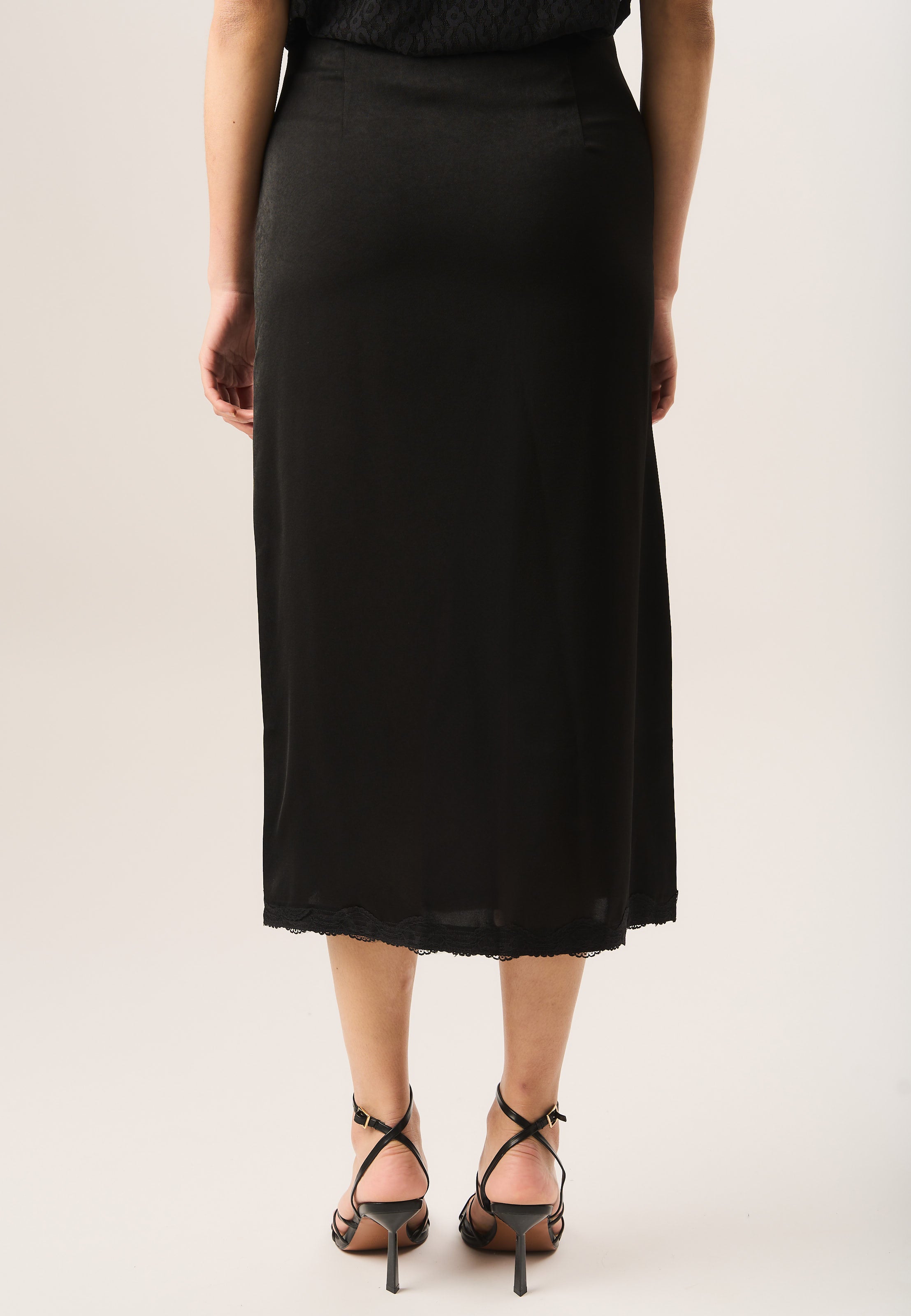 Black Satin Side Split Lace Trim Midi Skirt