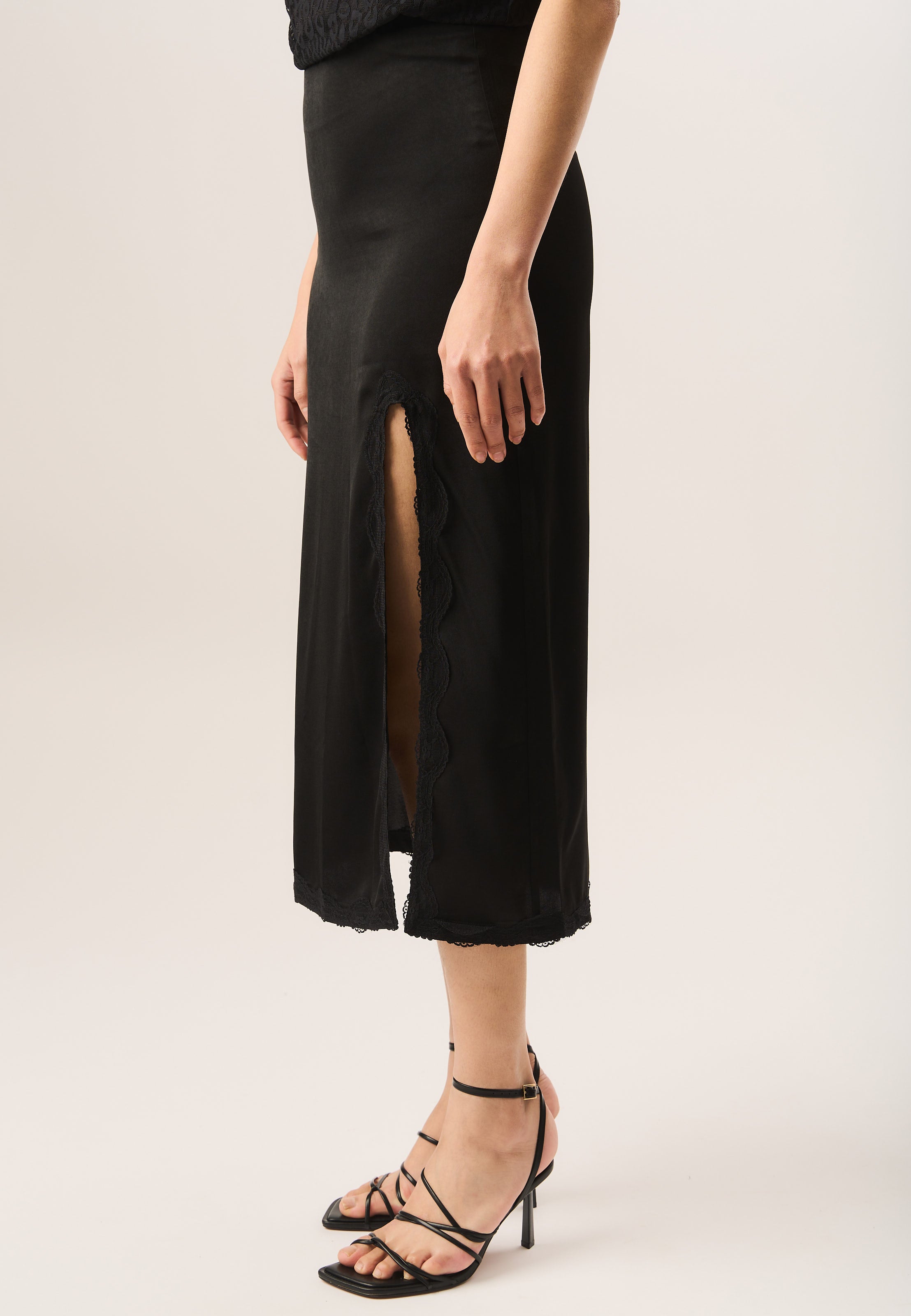 Black Satin Side Split Lace Trim Midi Skirt