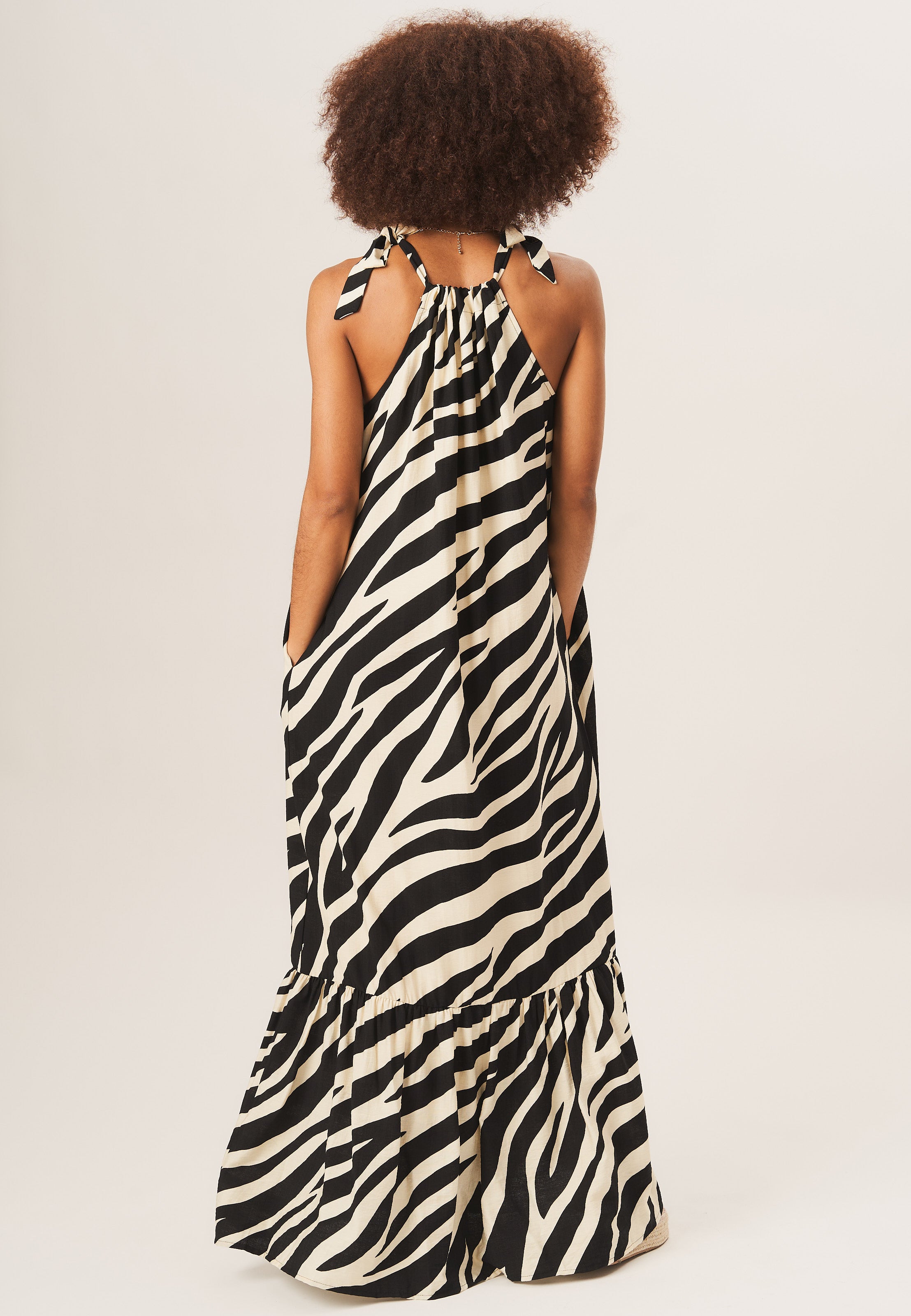 Mono Zebra Print Tie Shoulder Maxi Dress