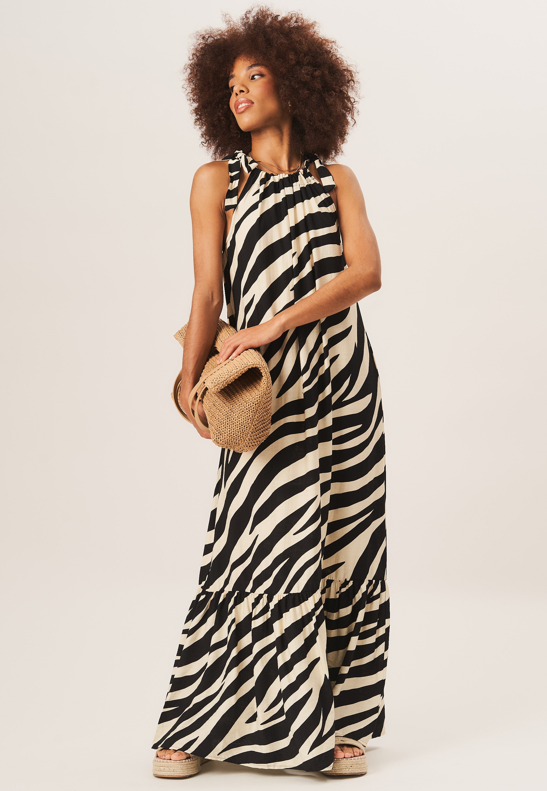 Mono Zebra Print Tie Shoulder Maxi Dress