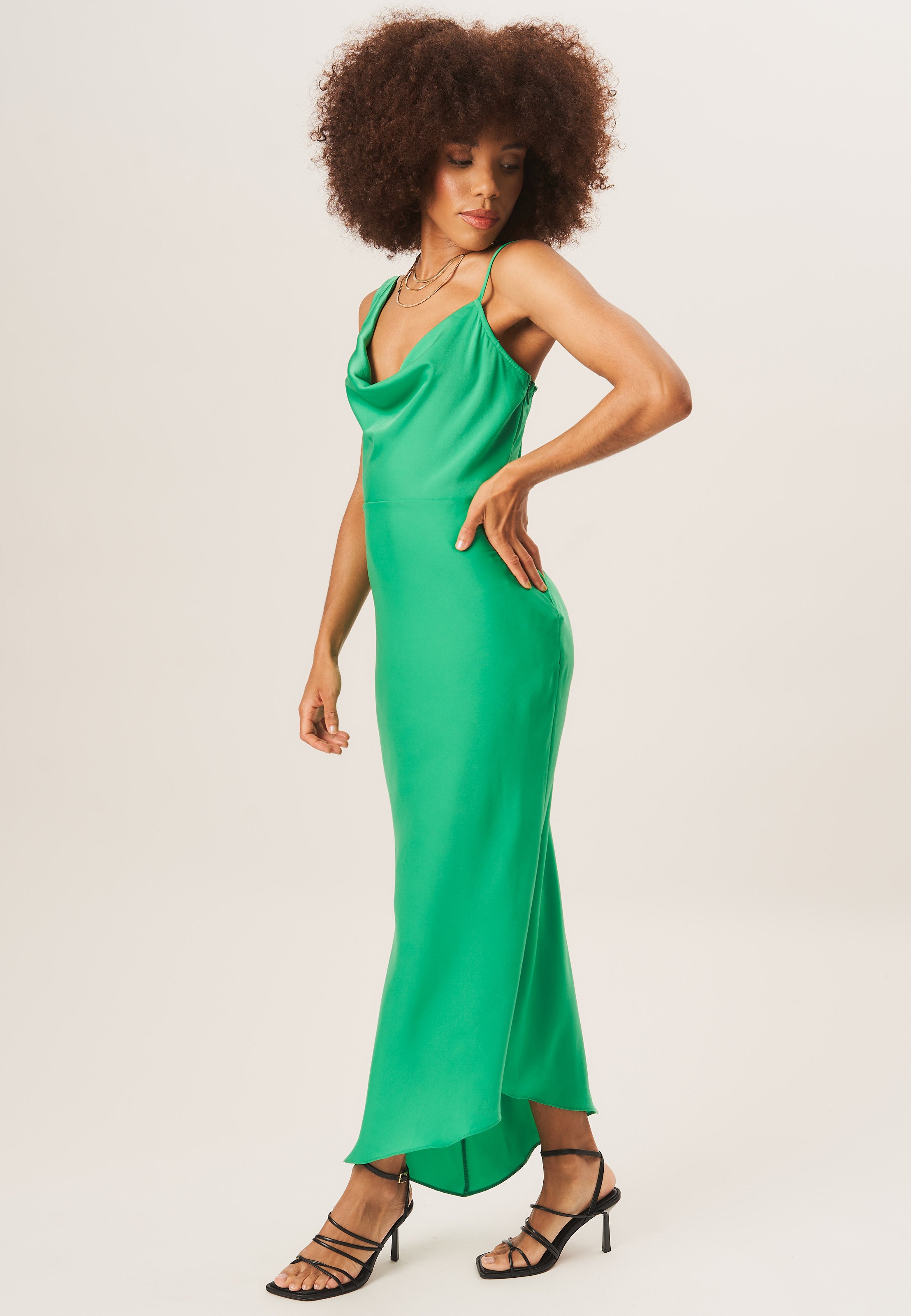 Green Cowl Neck Asymmetric Hem Midi Dress