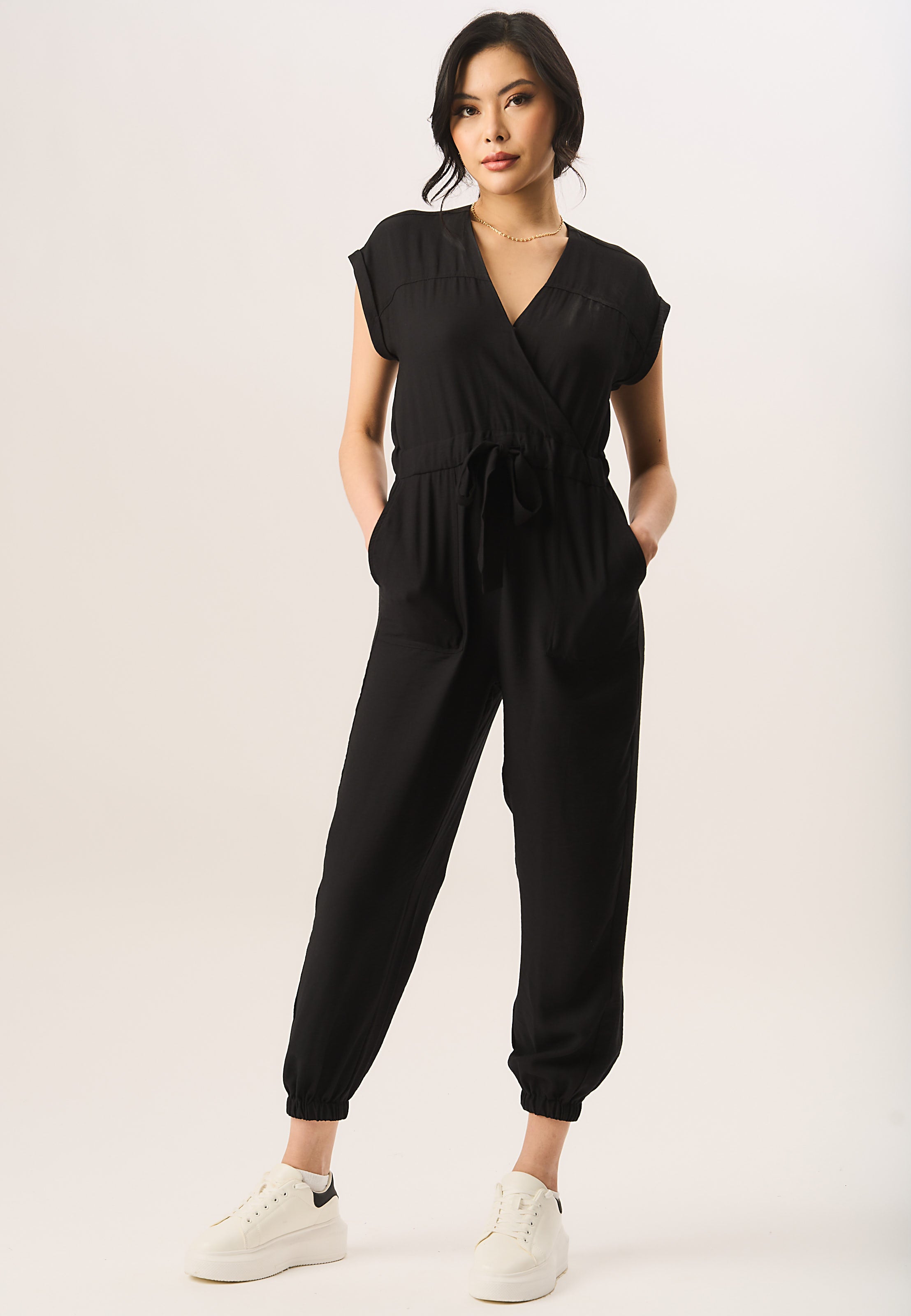 Black Waist Tie Pocket Detail Jumpsuit