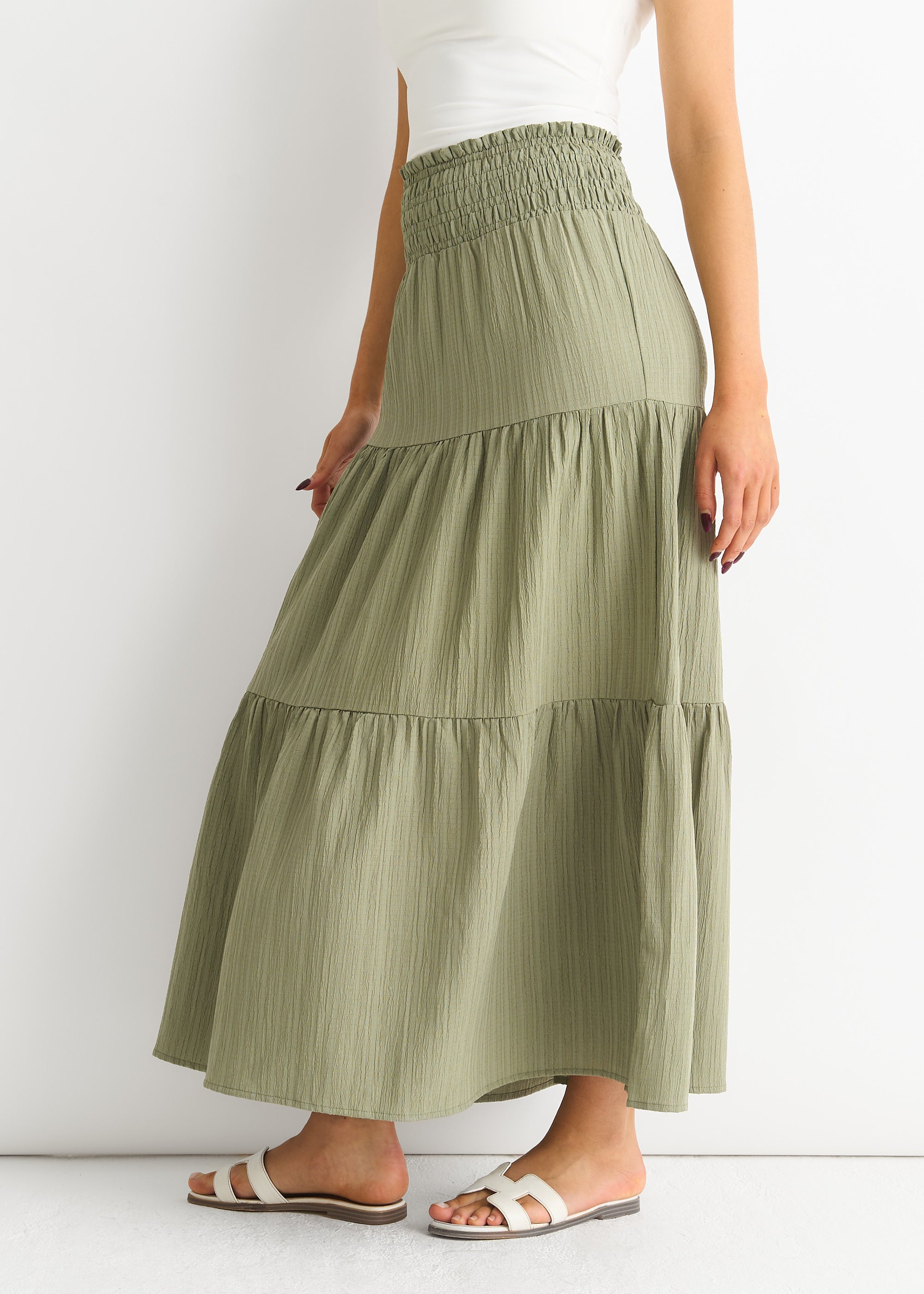 Khaki Smocked Tiered Maxi Skirt