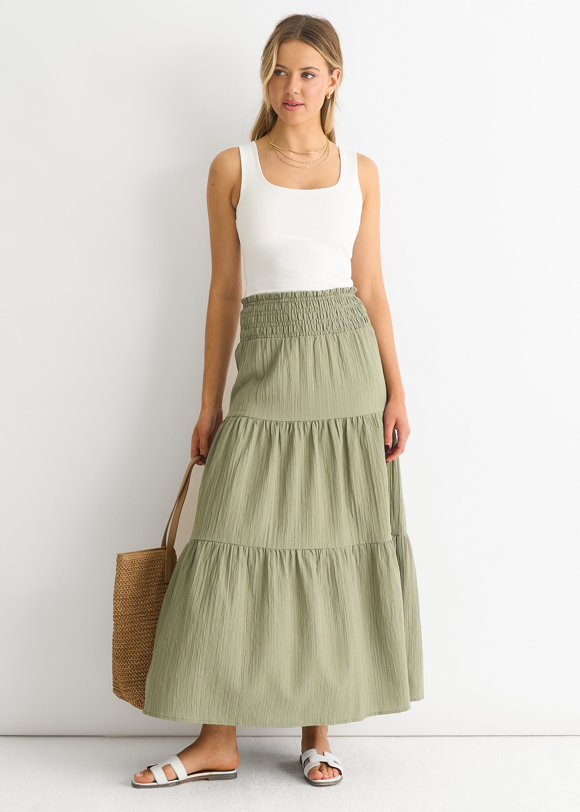 Khaki Smocked Tiered Maxi Skirt