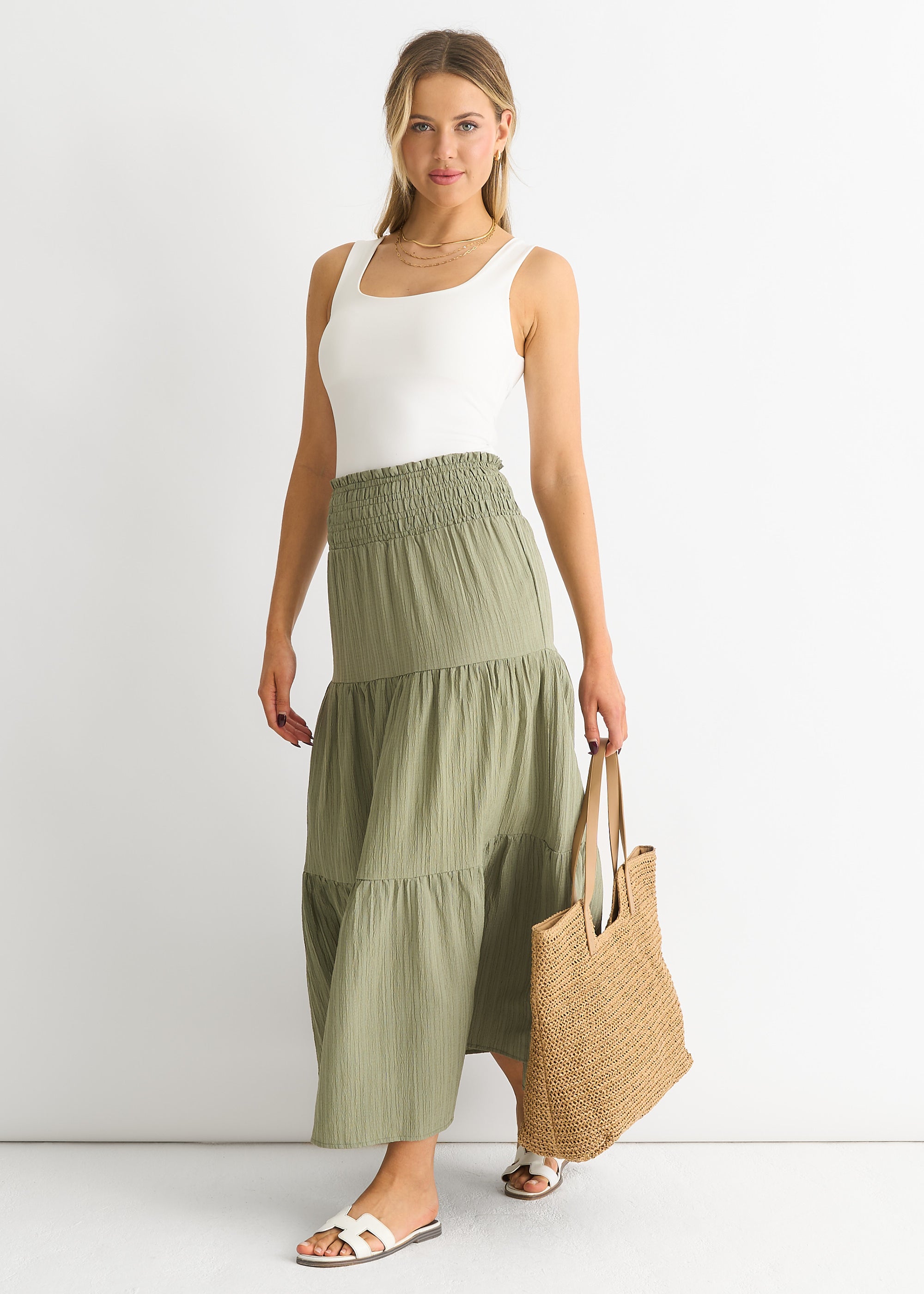 Khaki Smocked Tiered Maxi Skirt