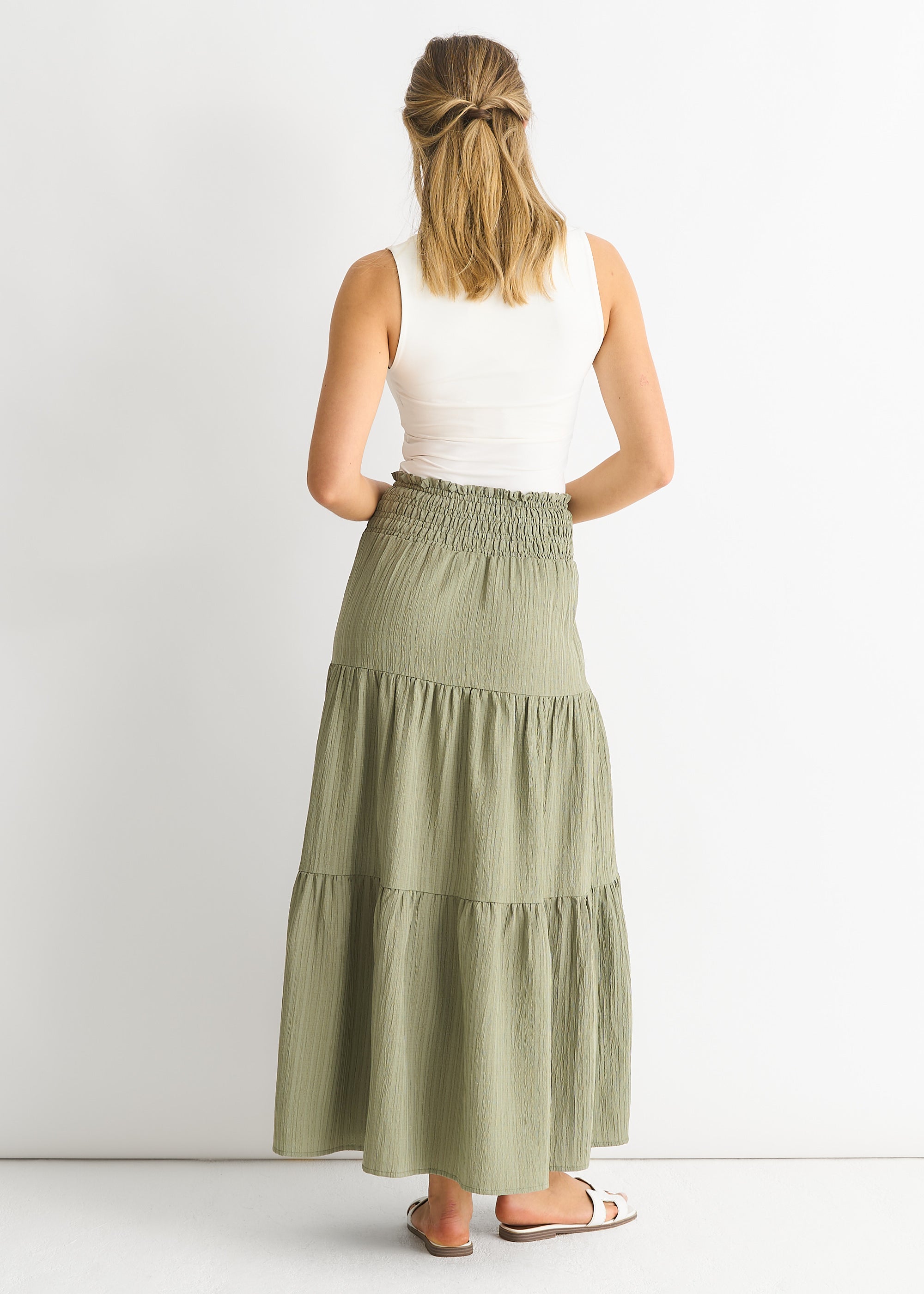 Khaki Smocked Tiered Maxi Skirt