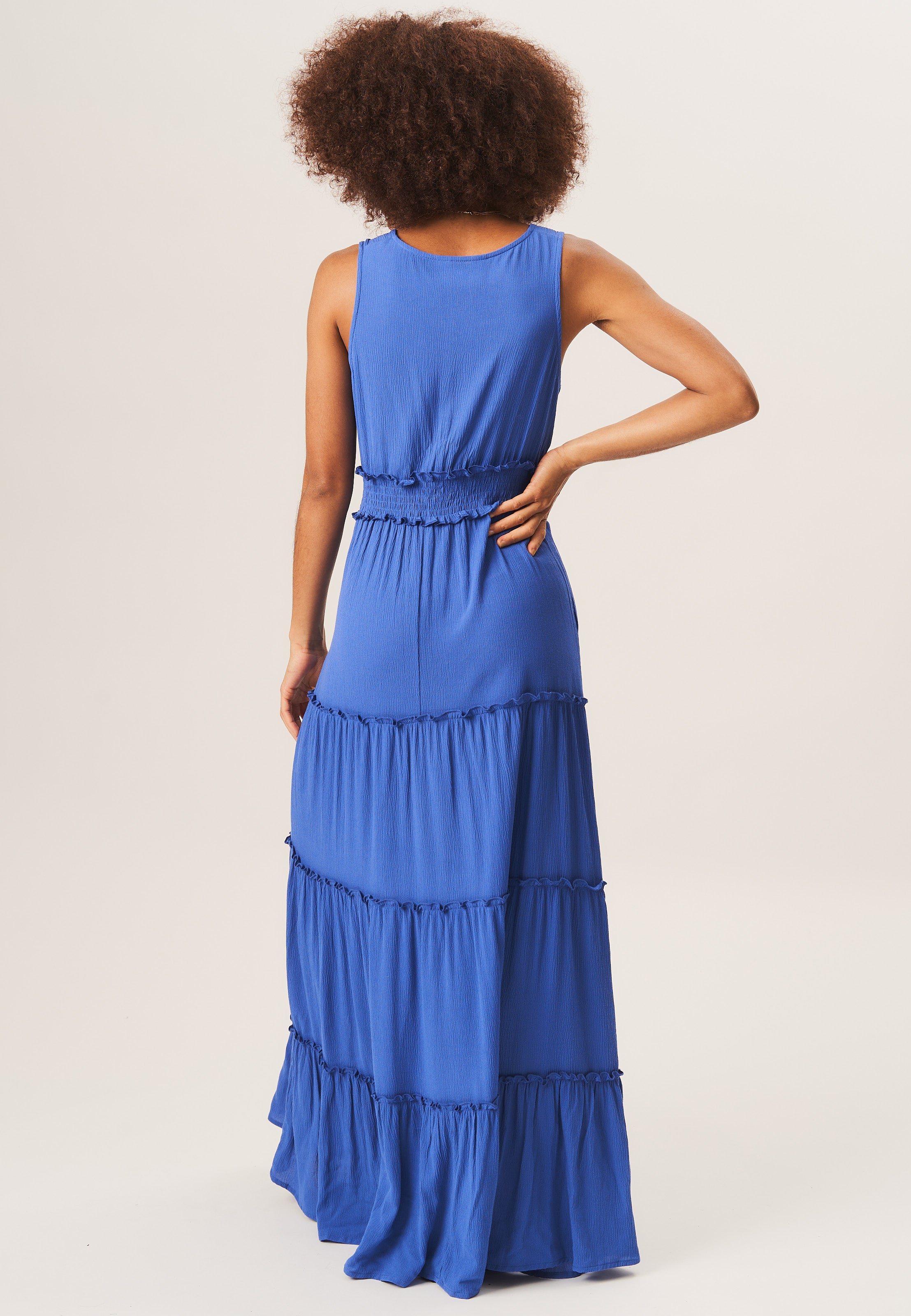 Blue Shirred Waist Wrap Tiered Midi Dress