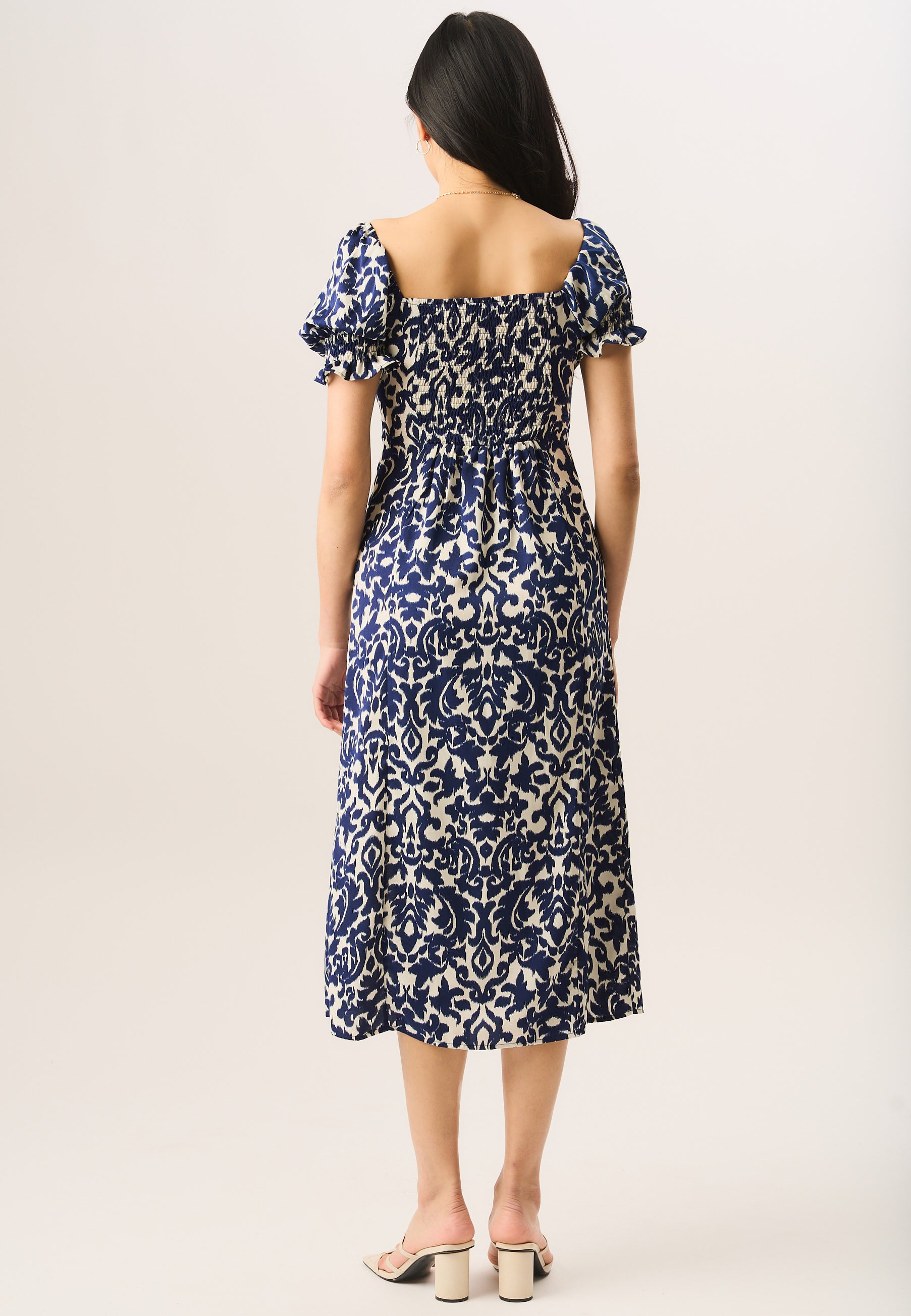 Blue Short Puff Sleeve Split Hem Midi Dress