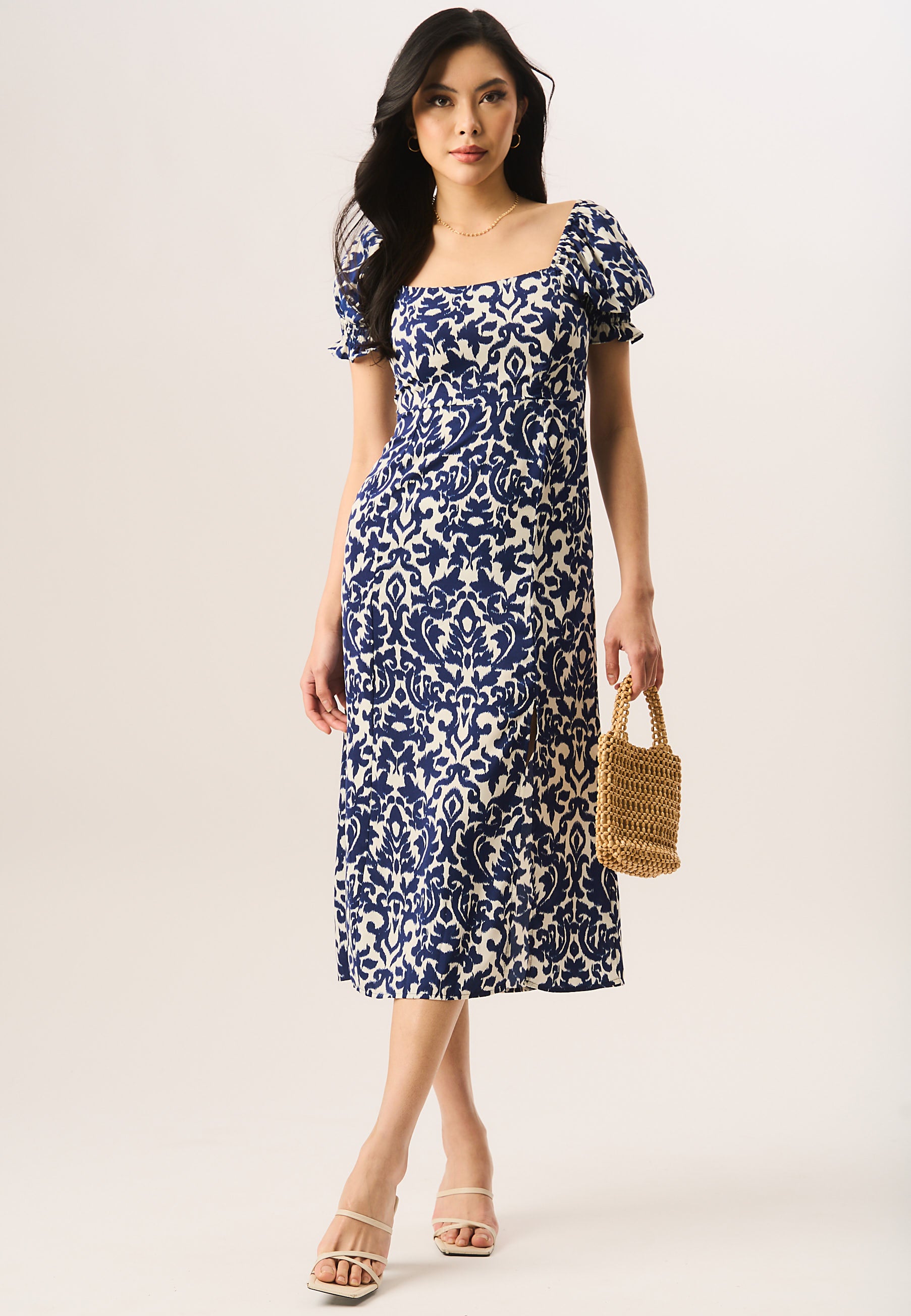 Blue Short Puff Sleeve Split Hem Midi Dress