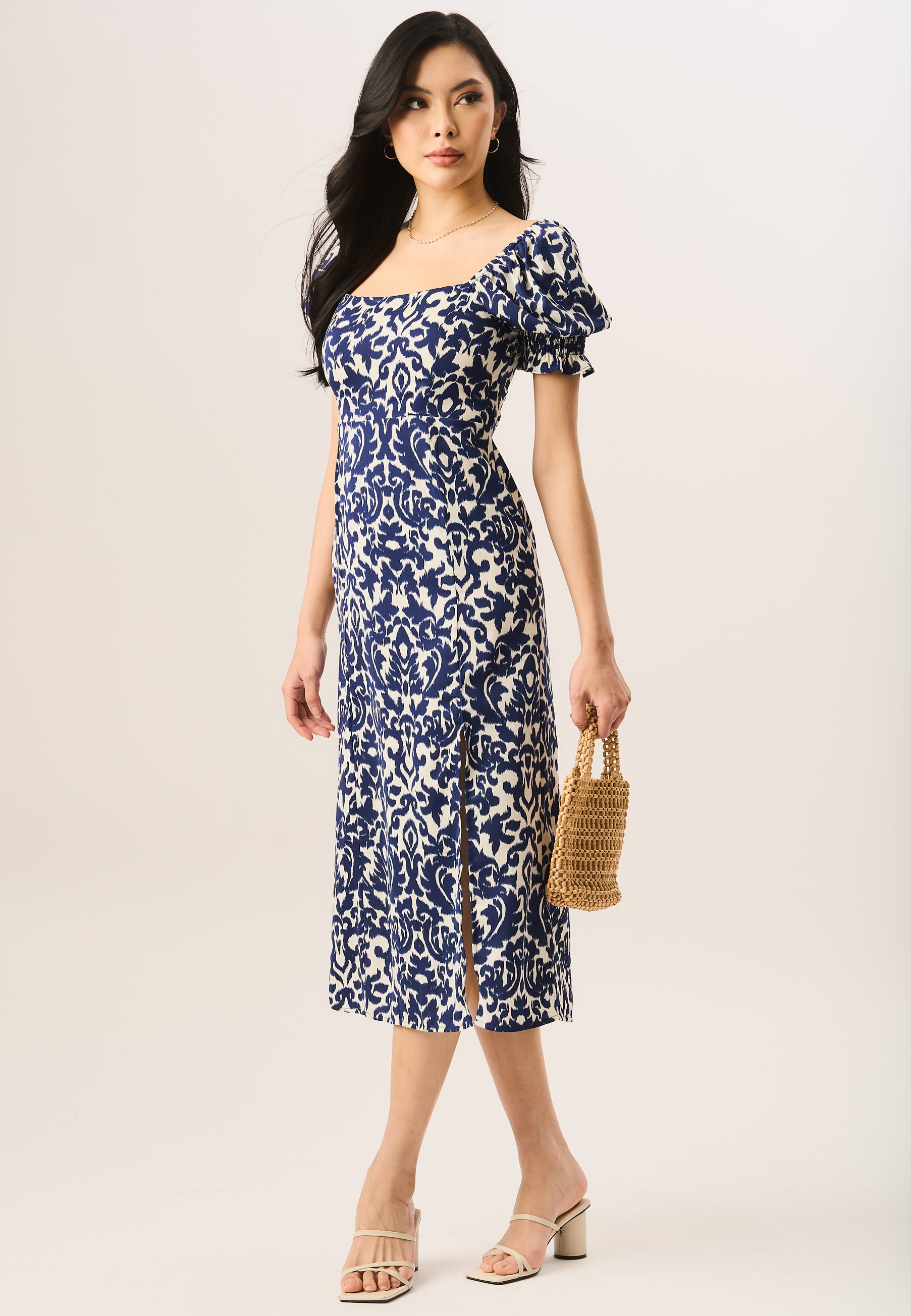 Blue Short Puff Sleeve Split Hem Midi Dress