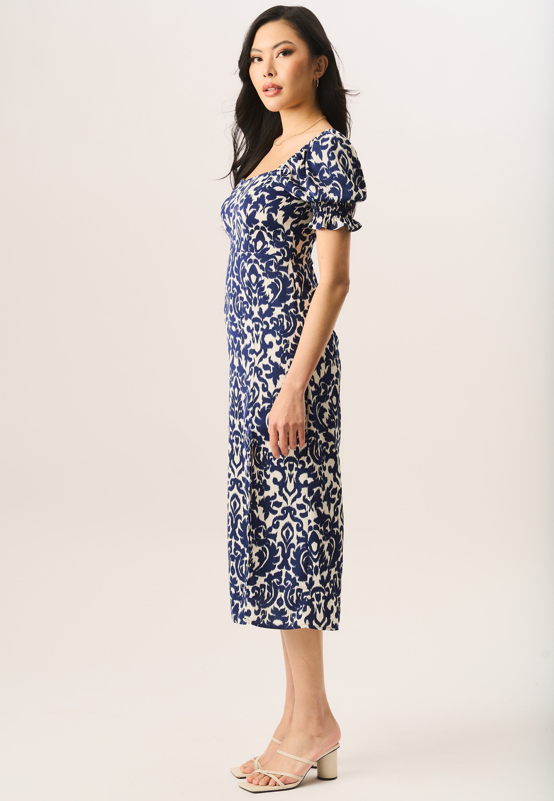 Blue Short Puff Sleeve Split Hem Midi Dress