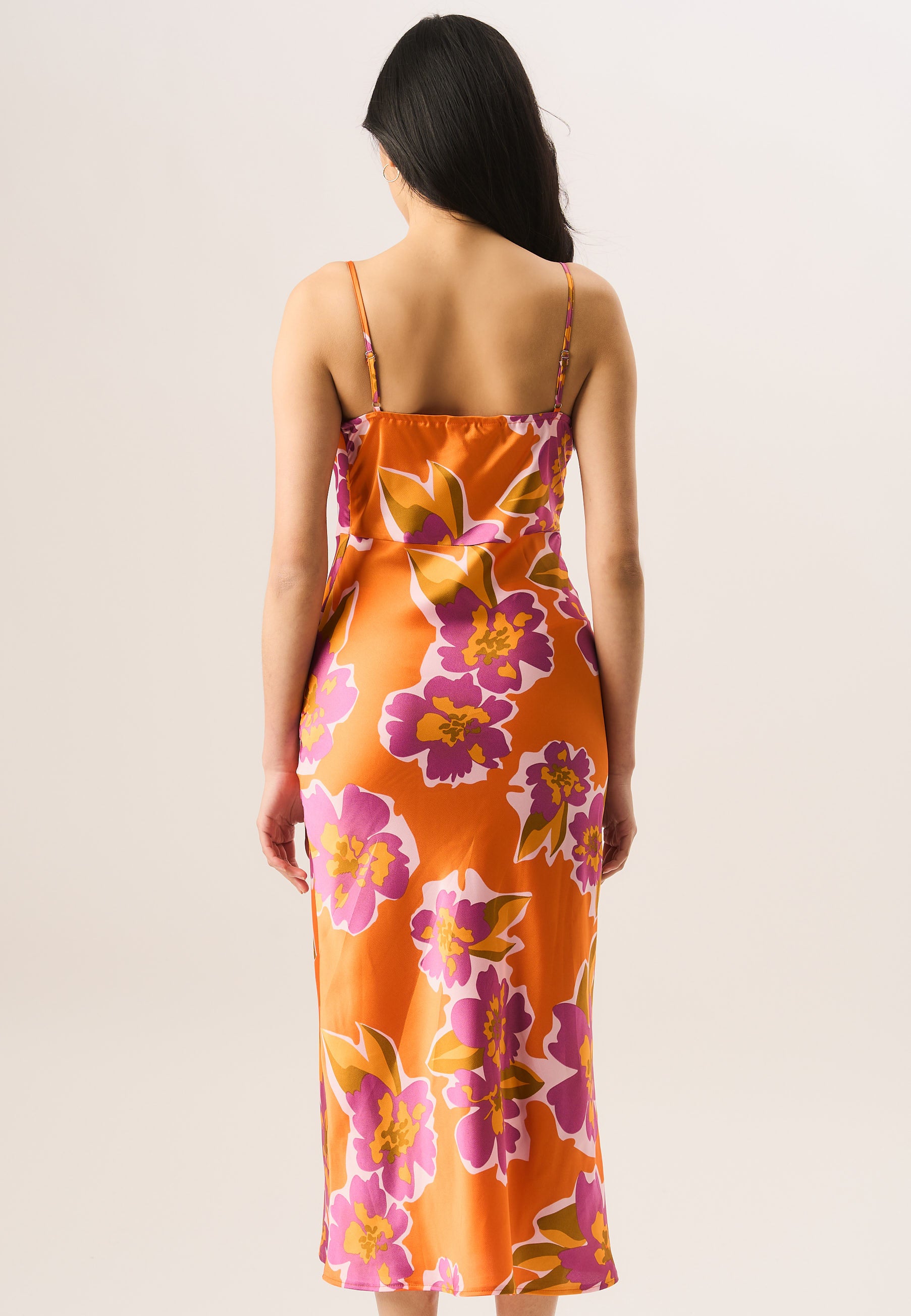Orange Floral Print Cowl Neck Slip Midi Dress