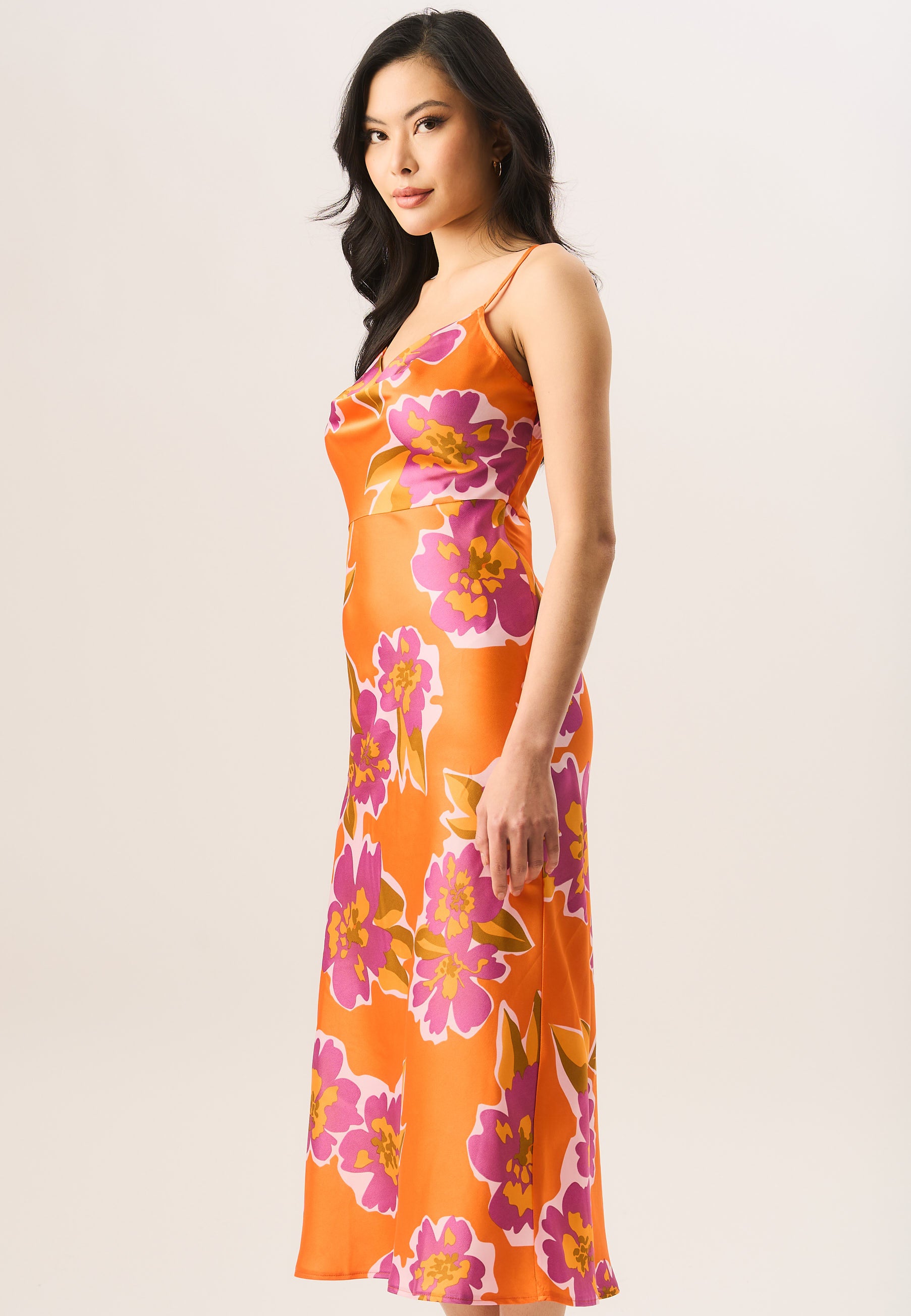 Orange Floral Print Cowl Neck Slip Midi Dress