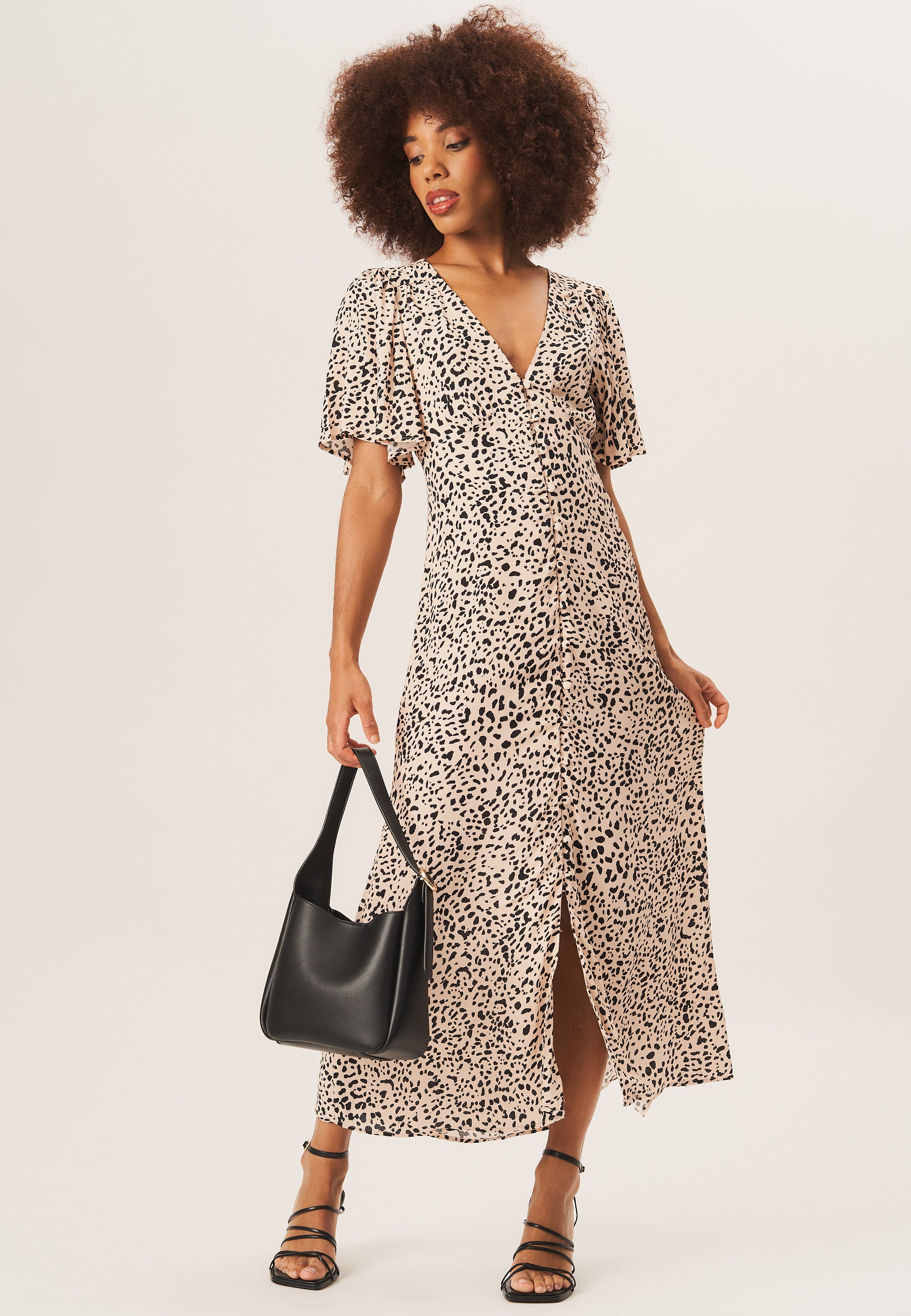 Beige Animal Print Button Down Midi Dress