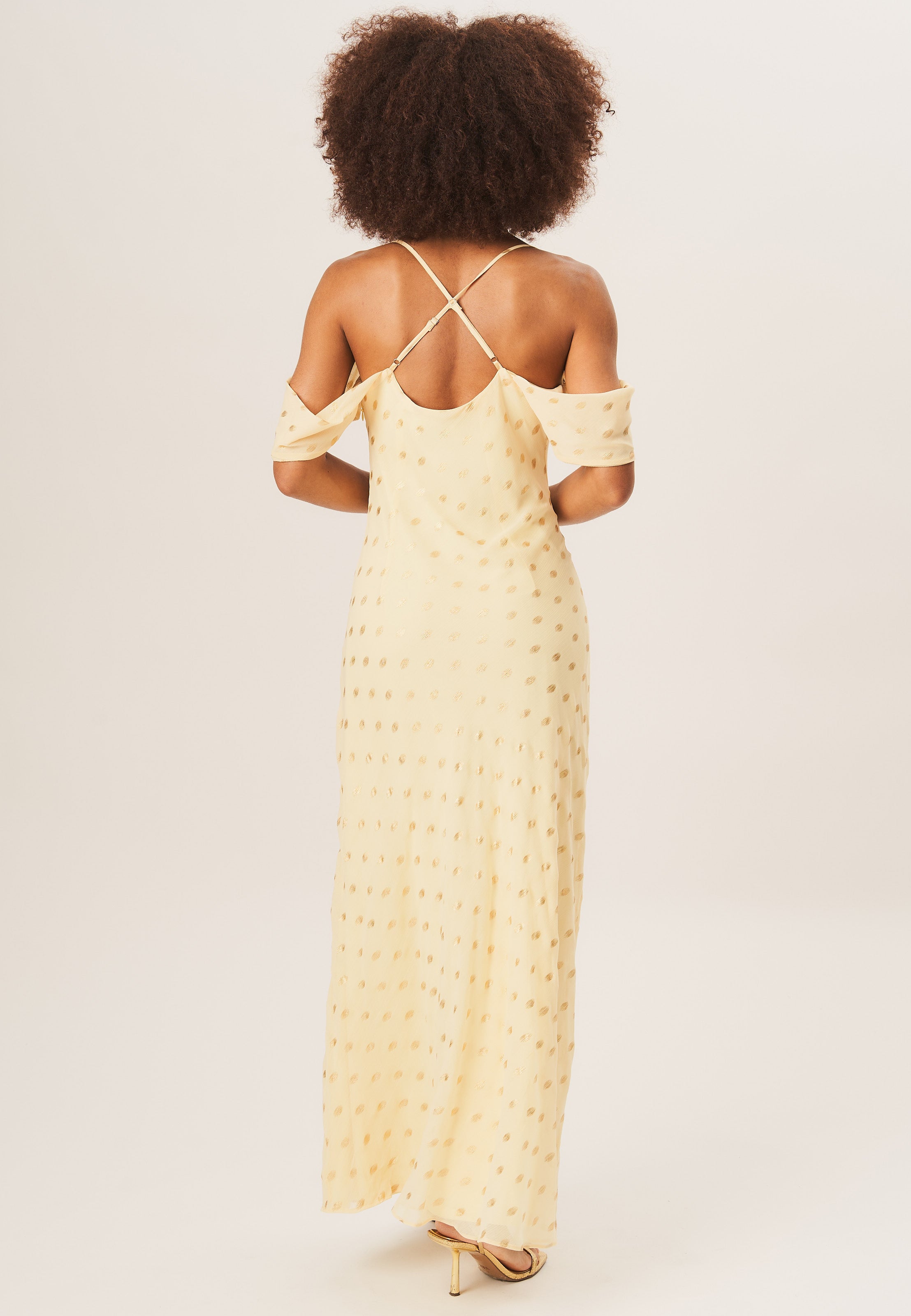 Yellow Cowl Neck Drop Sleeves Foil Maxi Dress