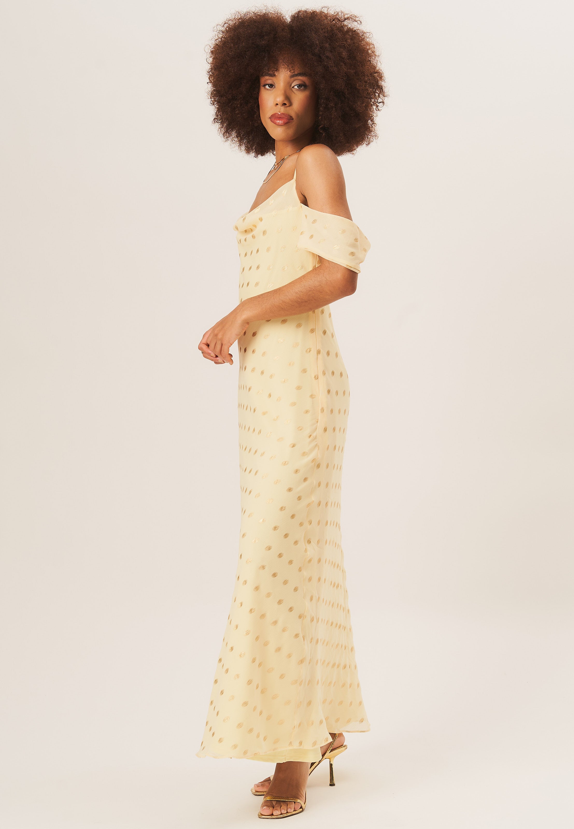 Yellow Cowl Neck Drop Sleeves Foil Maxi Dress