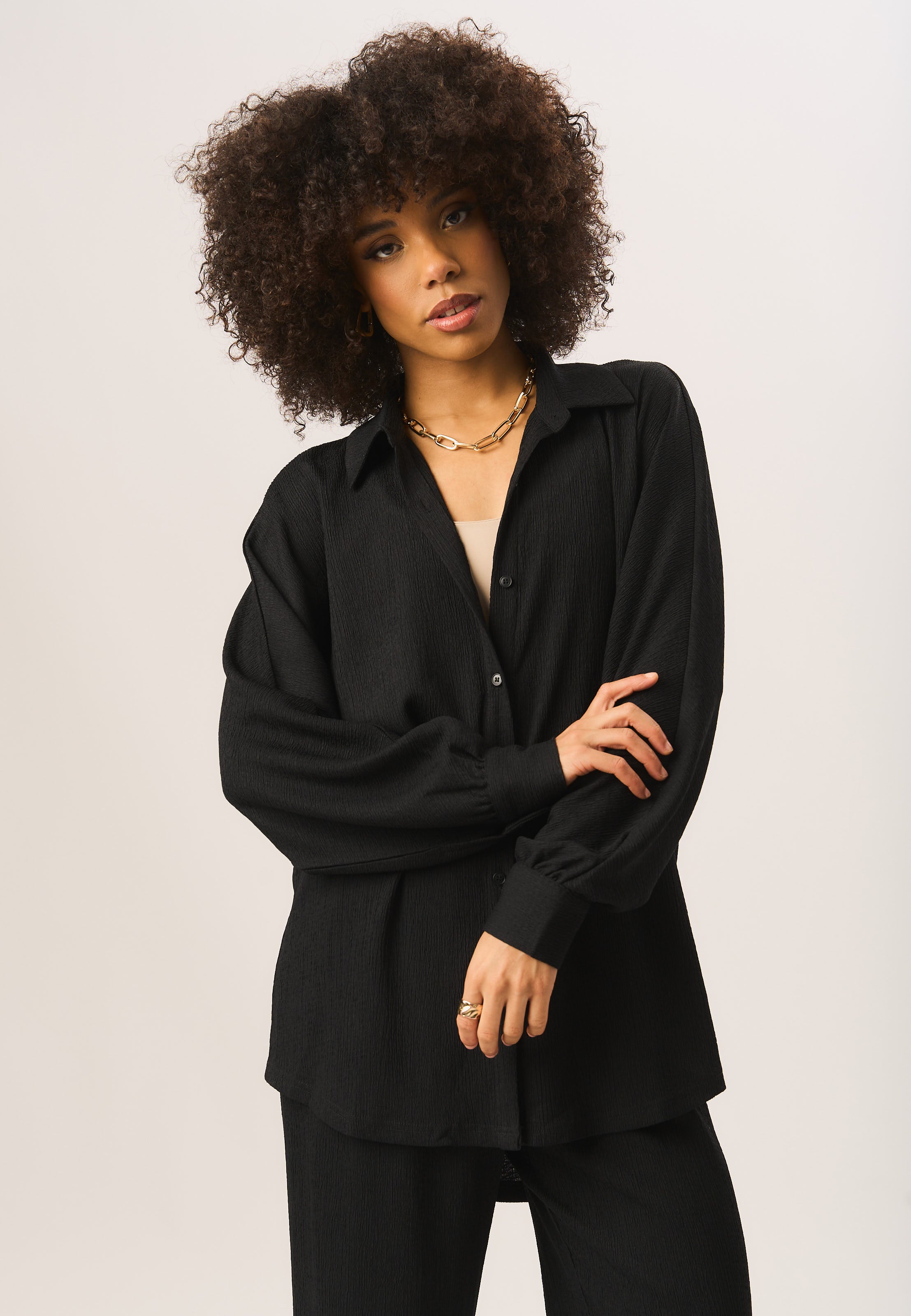 Black Textured Oversize Fit Long Sleeves Shirt