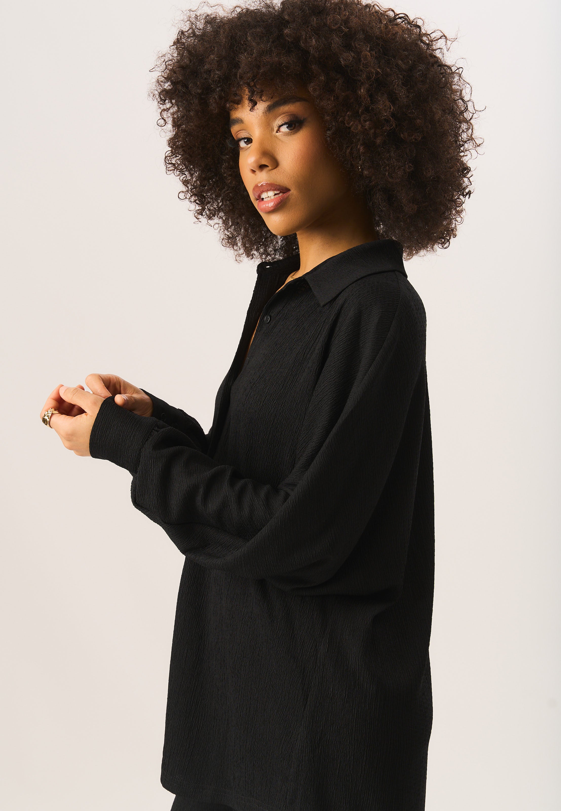 Black Textured Oversize Fit Long Sleeves Shirt