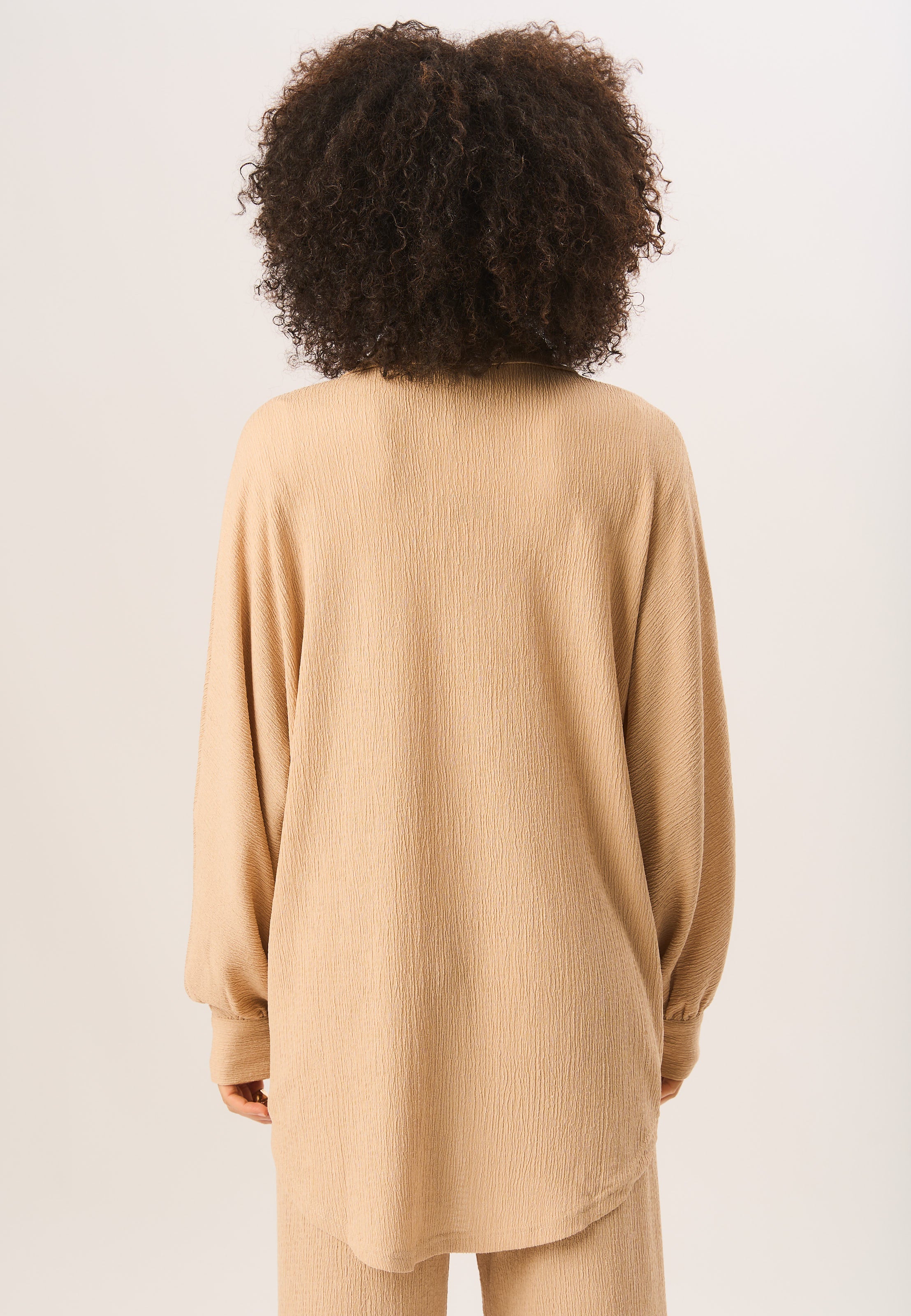 Camel Textured Oversize Fit Long Sleeves Shirt