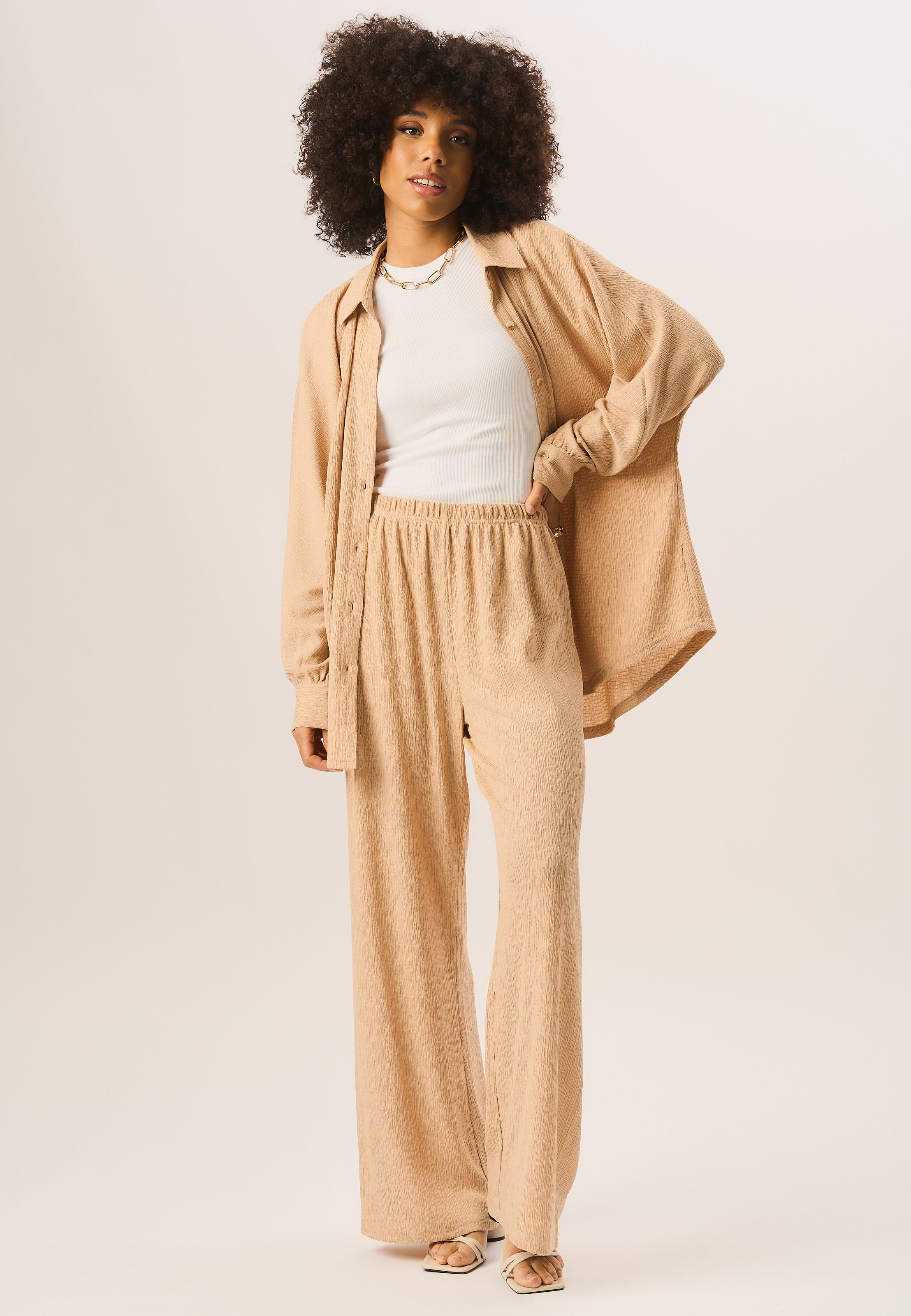 Camel Textured Pull On Wide Leg Trousers