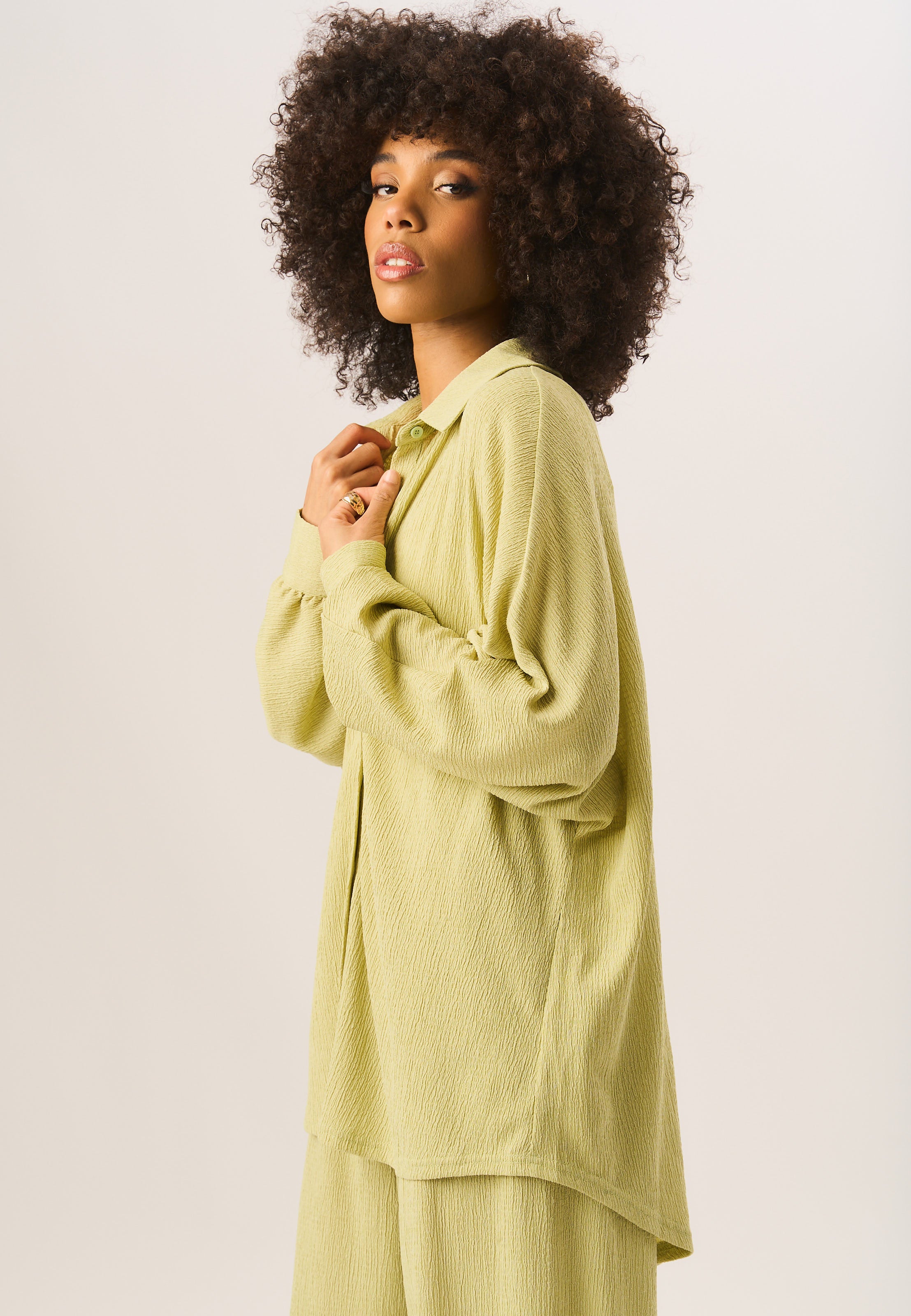 Green Textured Oversize Fit Long Sleeves Shirt