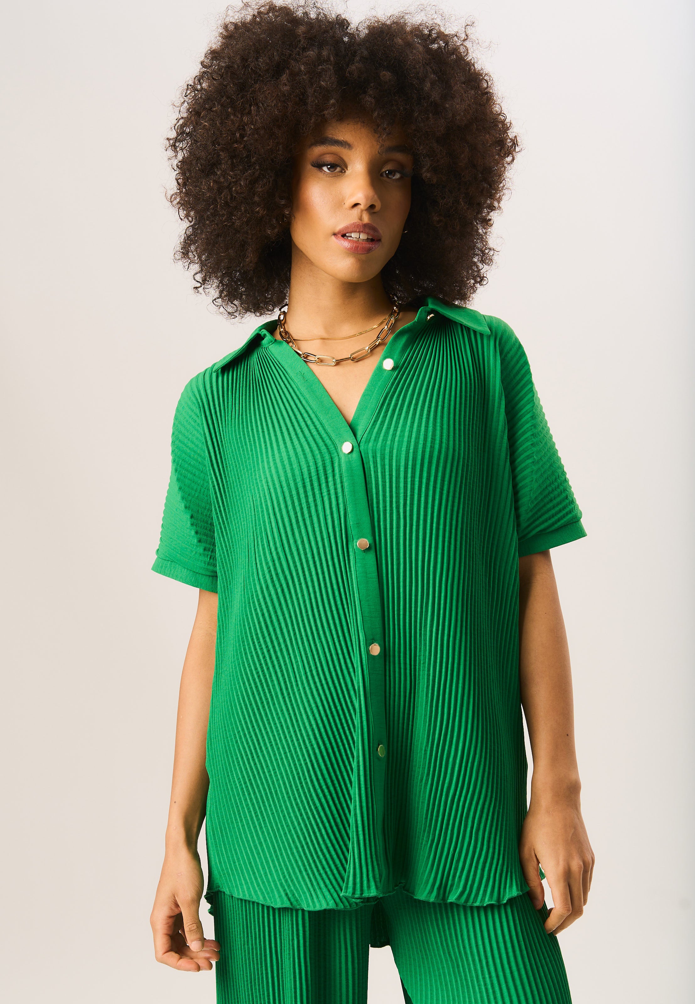 Green Plisse Short Sleeve Oversized Shirt