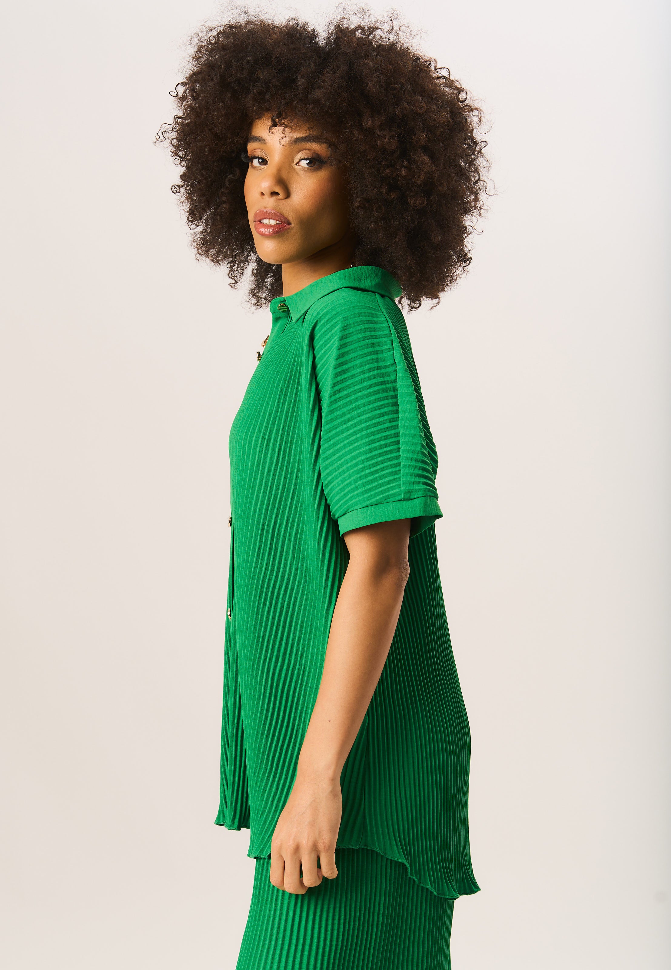 Green Plisse Short Sleeve Oversized Shirt