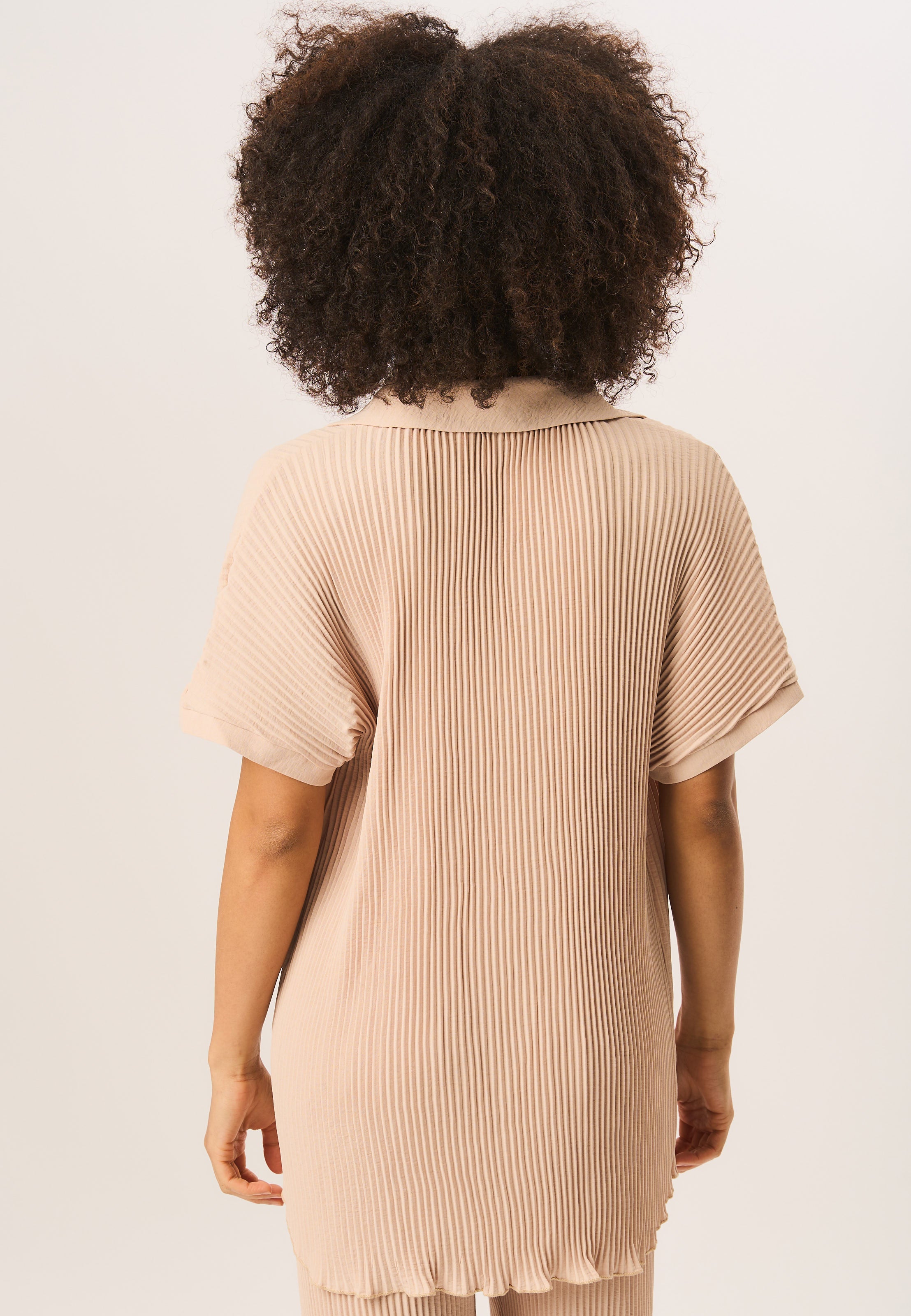 Beige Plisse Short Sleeve Oversized Shirt