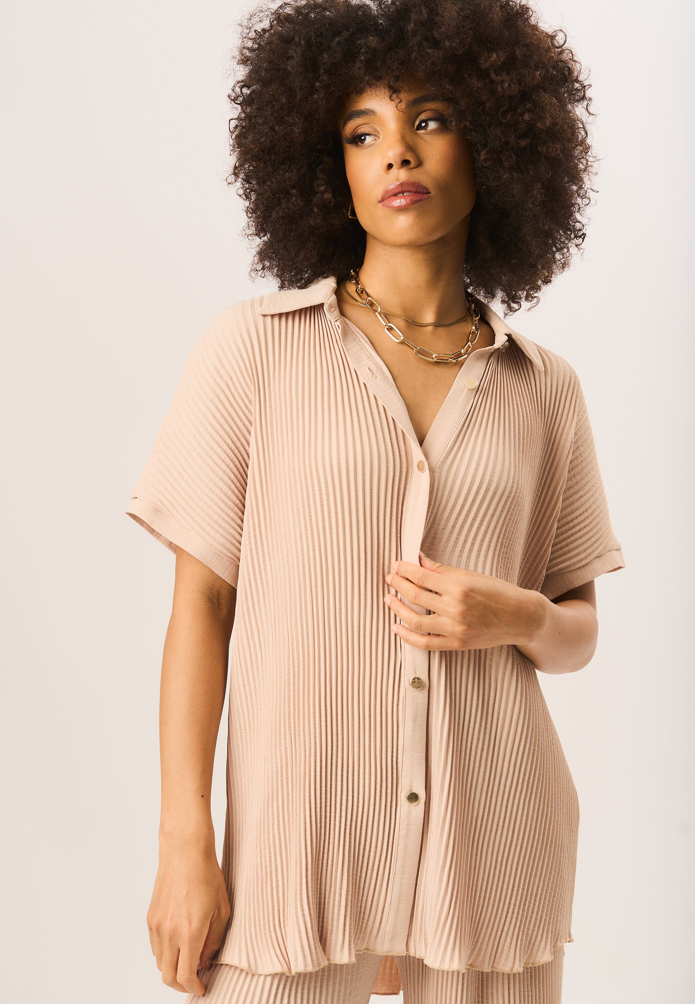 Beige Plisse Short Sleeve Oversized Shirt