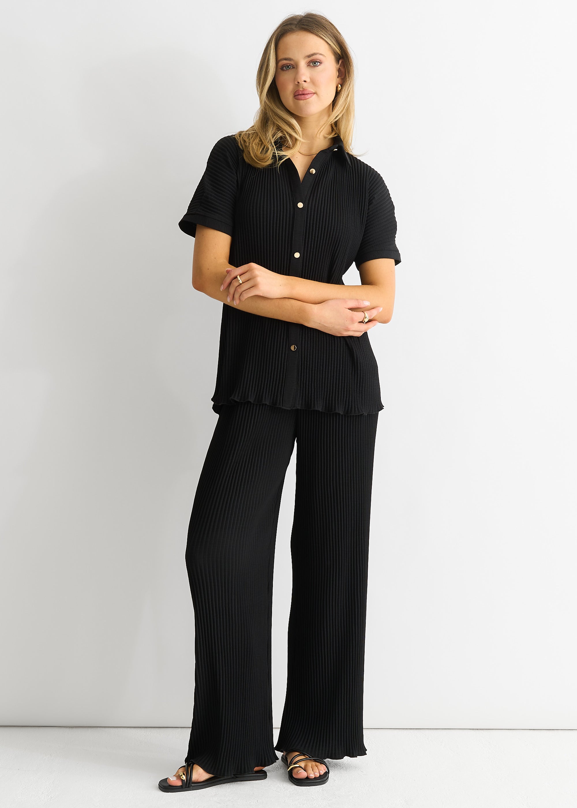 Black Plisse Short Sleeve Oversized Shirt