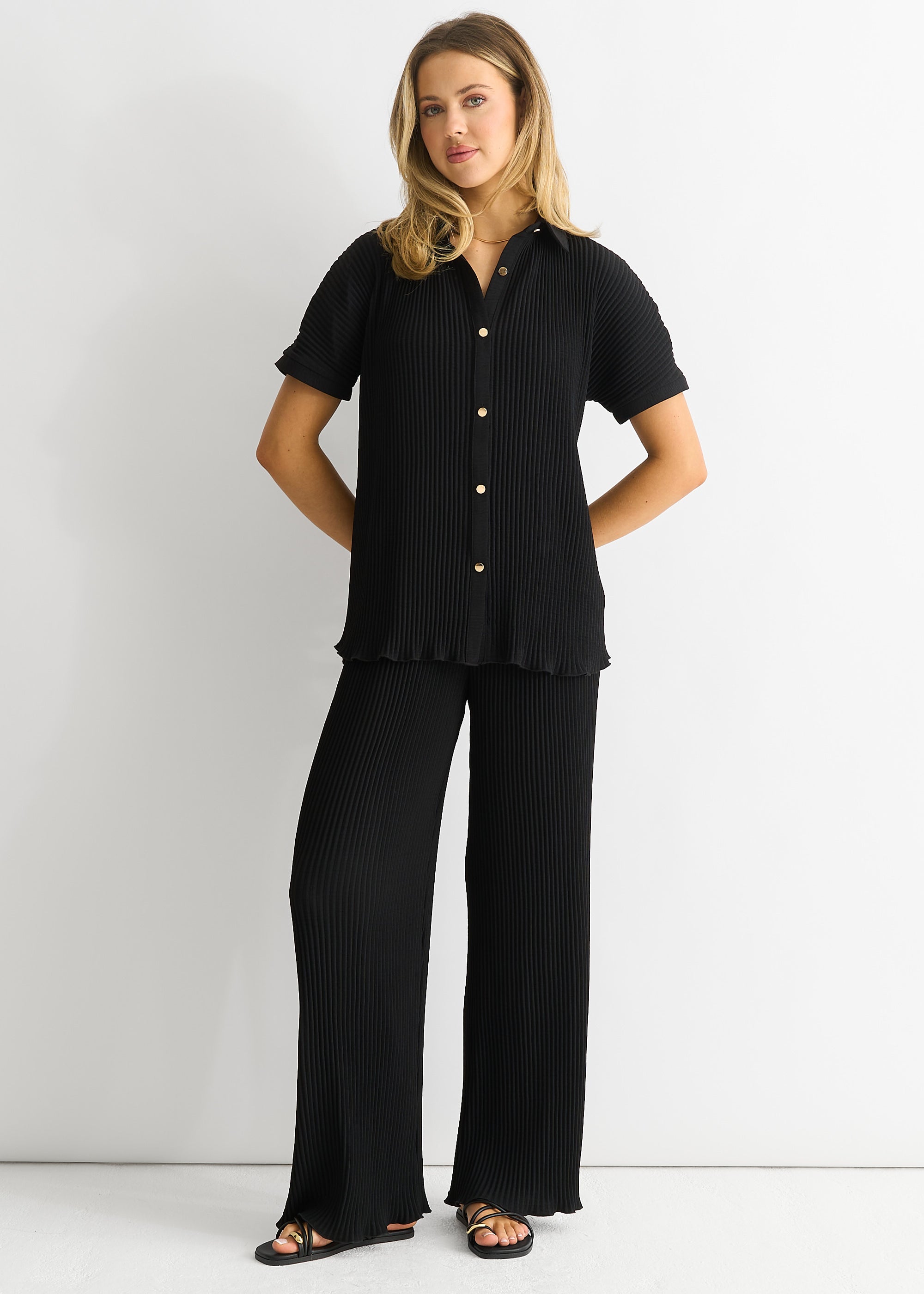 Black Plisse Short Sleeve Oversized Shirt