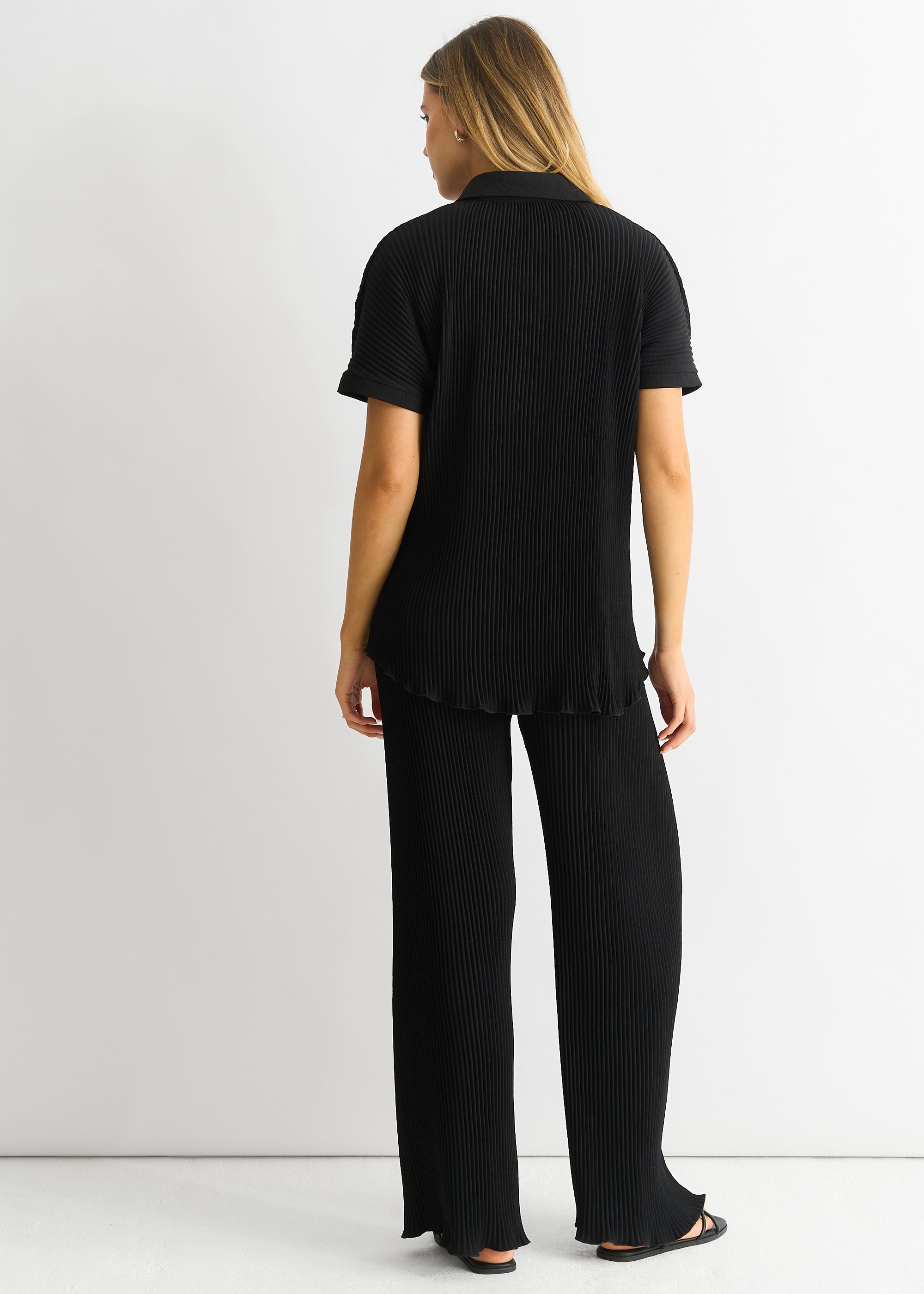 Black Plisse Short Sleeve Oversized Shirt
