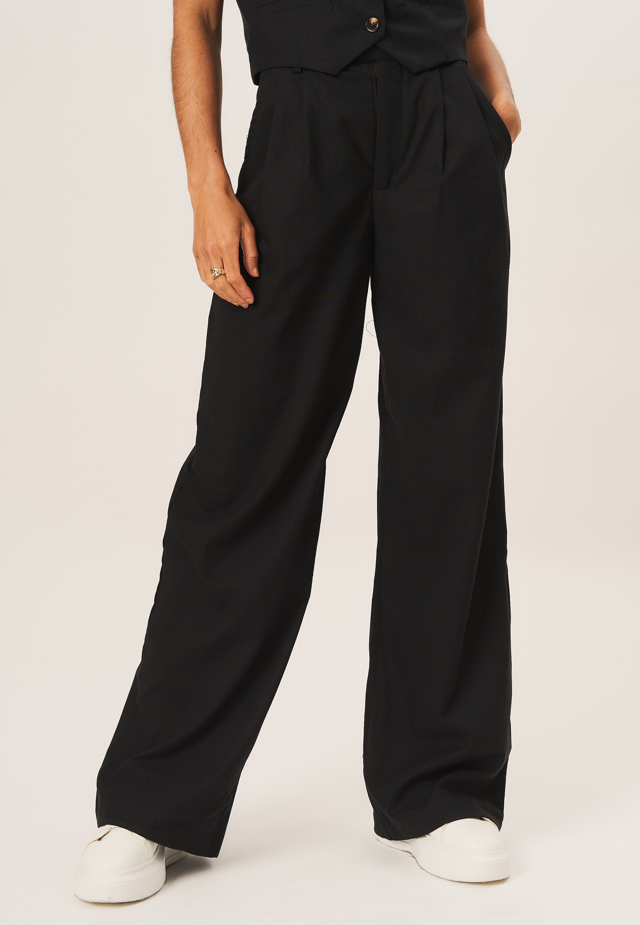 Black Tailored Cotton Wide Leg Trousers