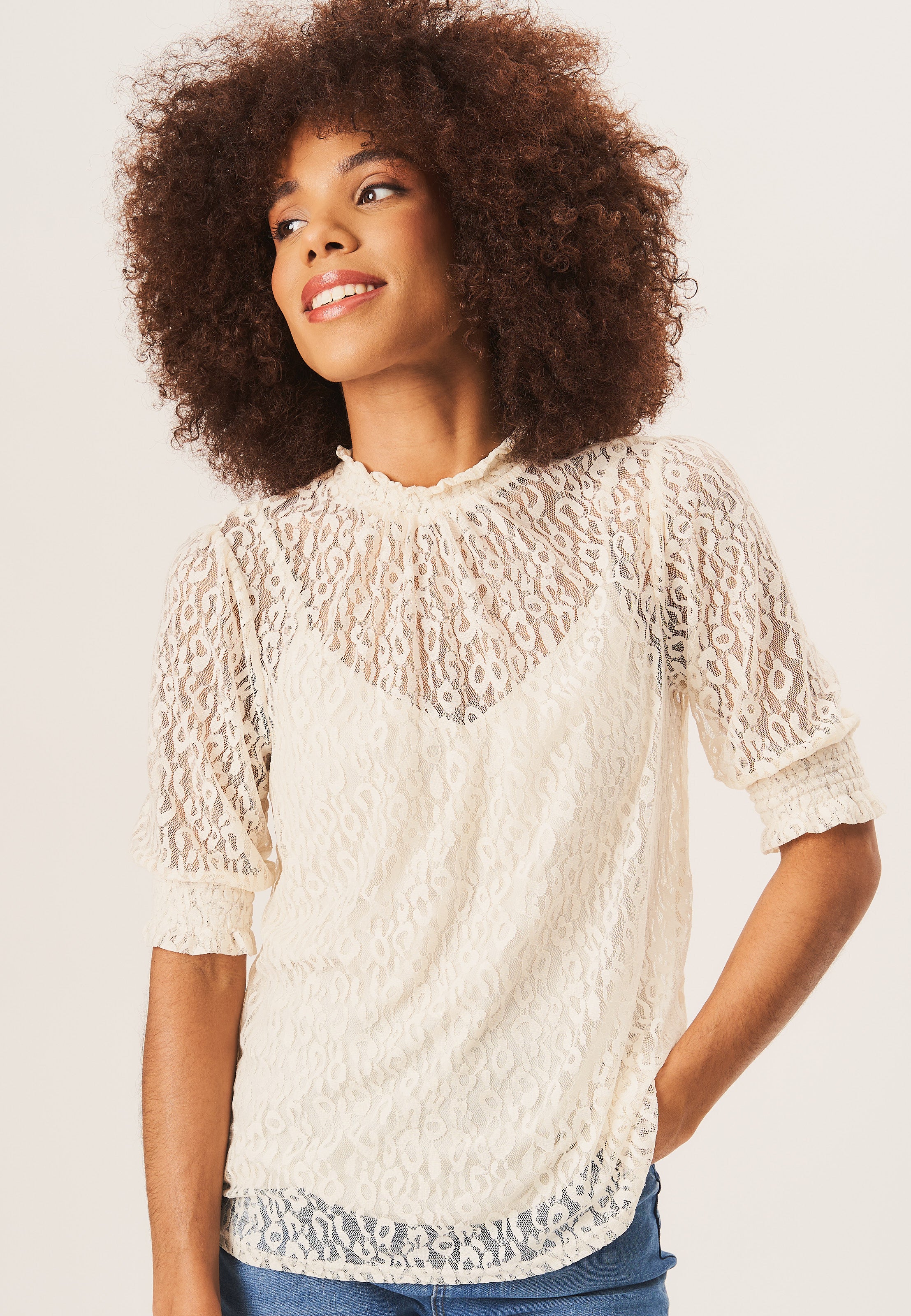 Cream High Neck Lace Loose Fit Blouse