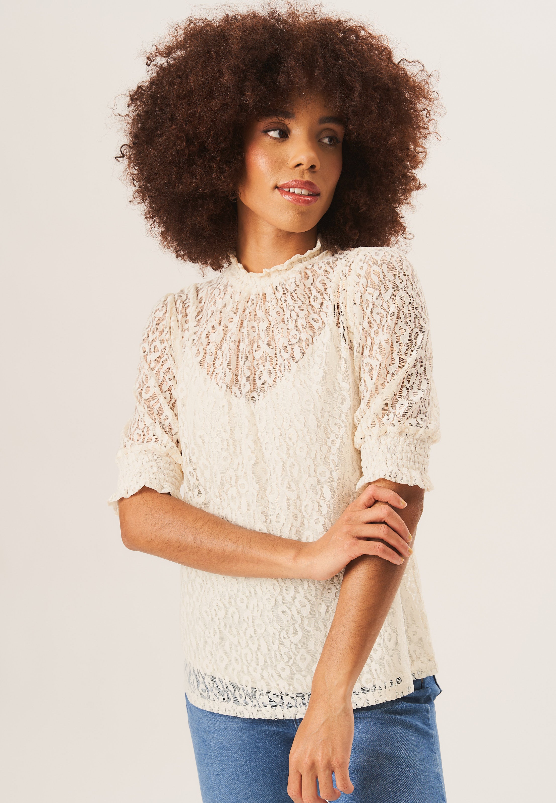 Cream High Neck Lace Loose Fit Blouse