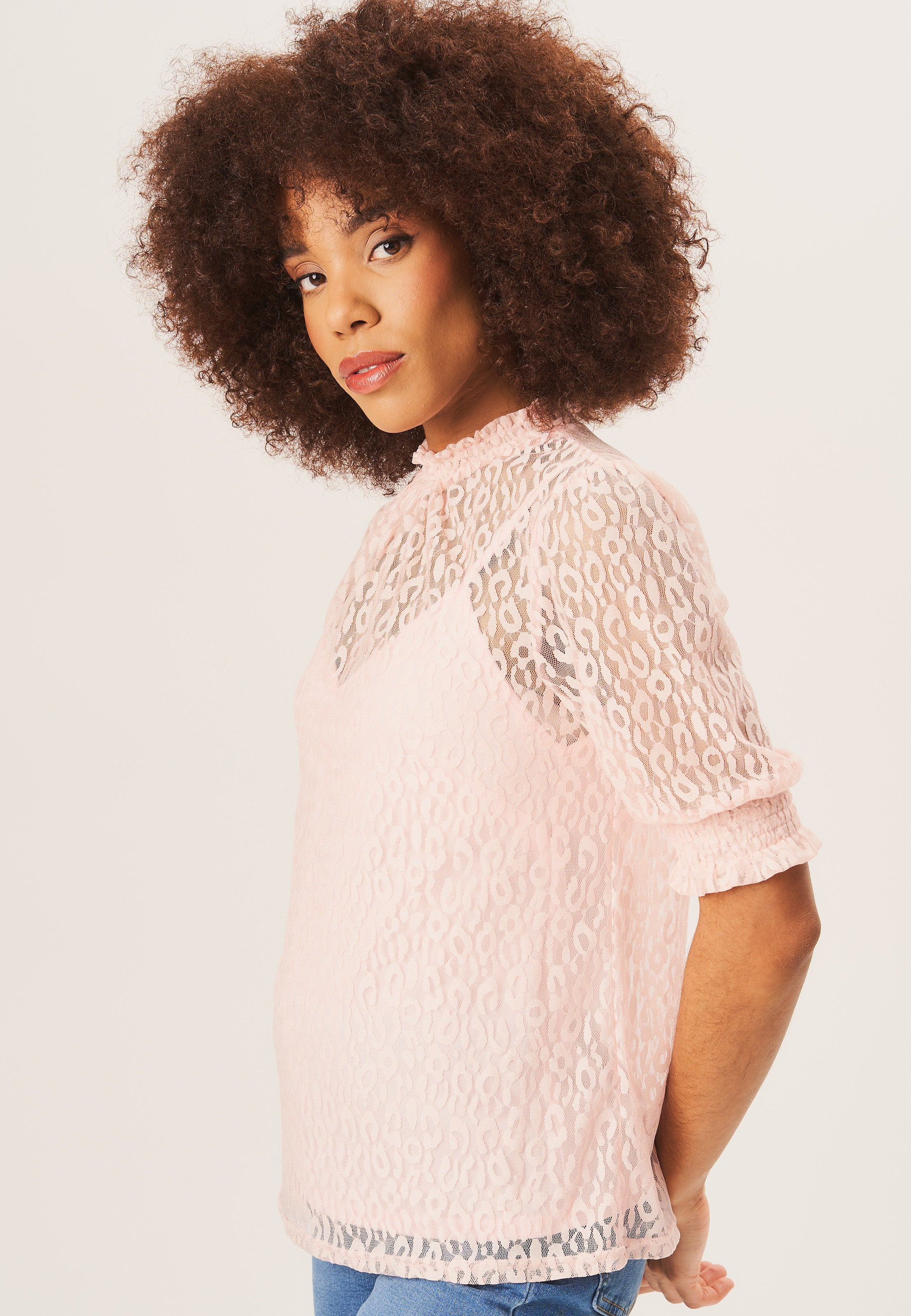 Light Pink High Neck Lace Loose Fit Blouse