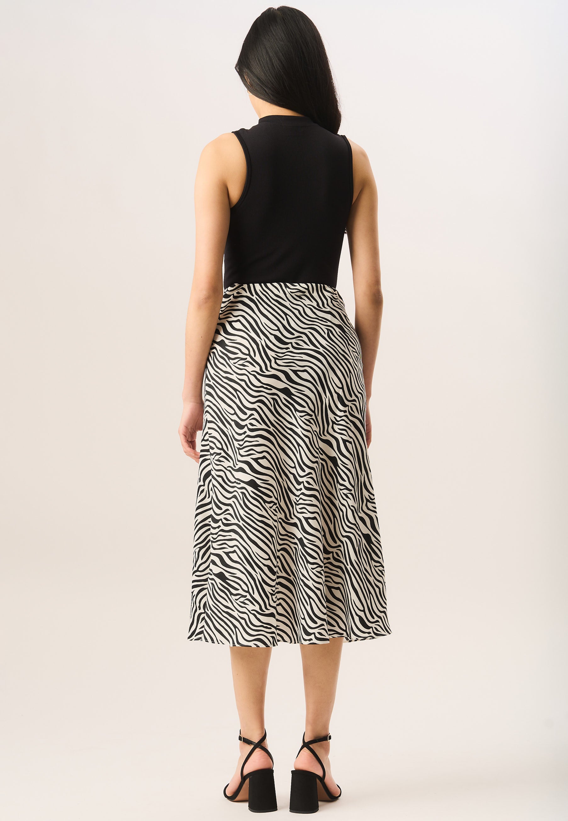 Mono Zebra Print Satin Bias Midi Skirt