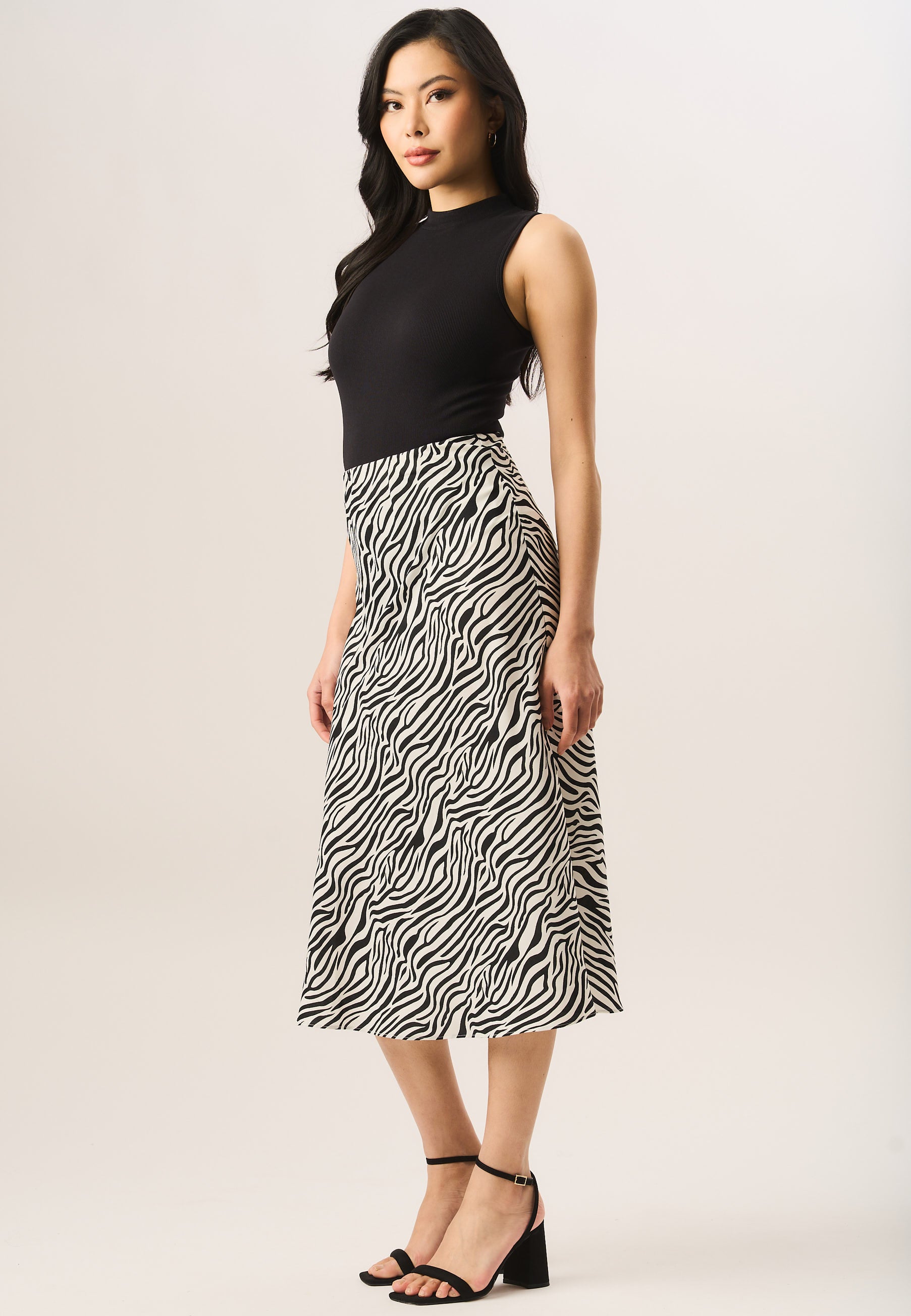 Mono Zebra Print Satin Bias Midi Skirt