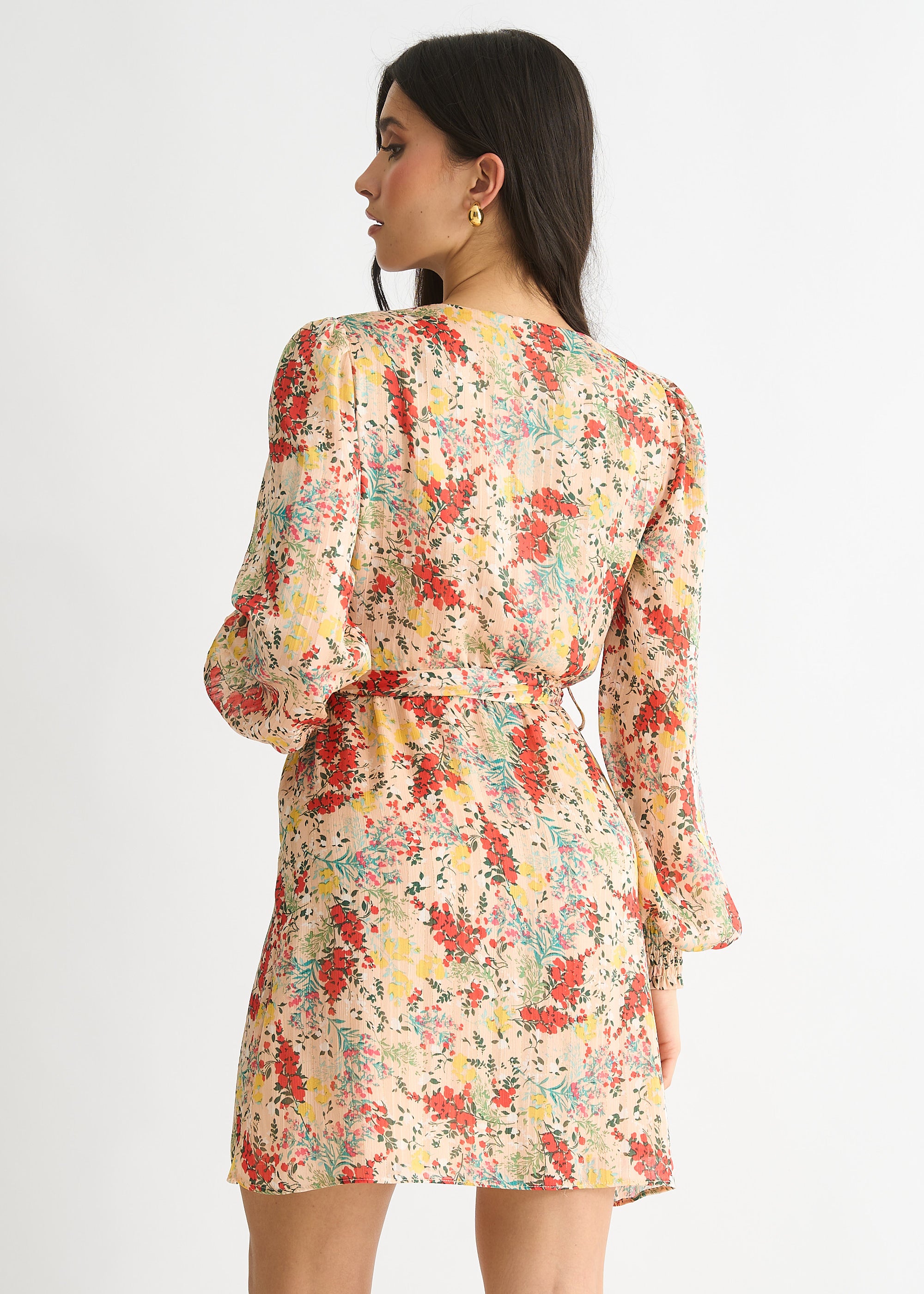 Multi Color Stripe Chiffon Jacquard Wrap Mini Dress
