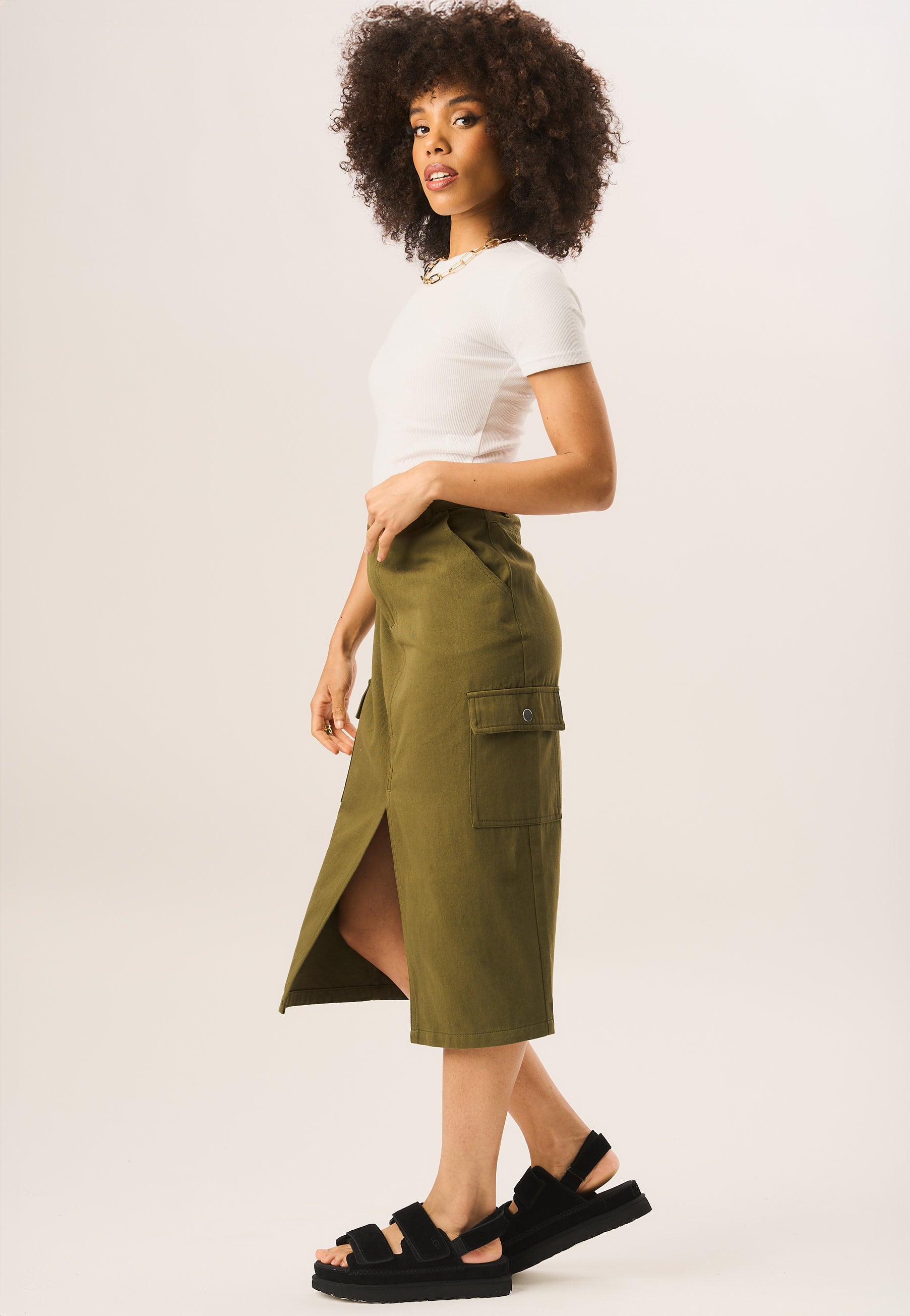 Khaki Cargo Midi Skirt