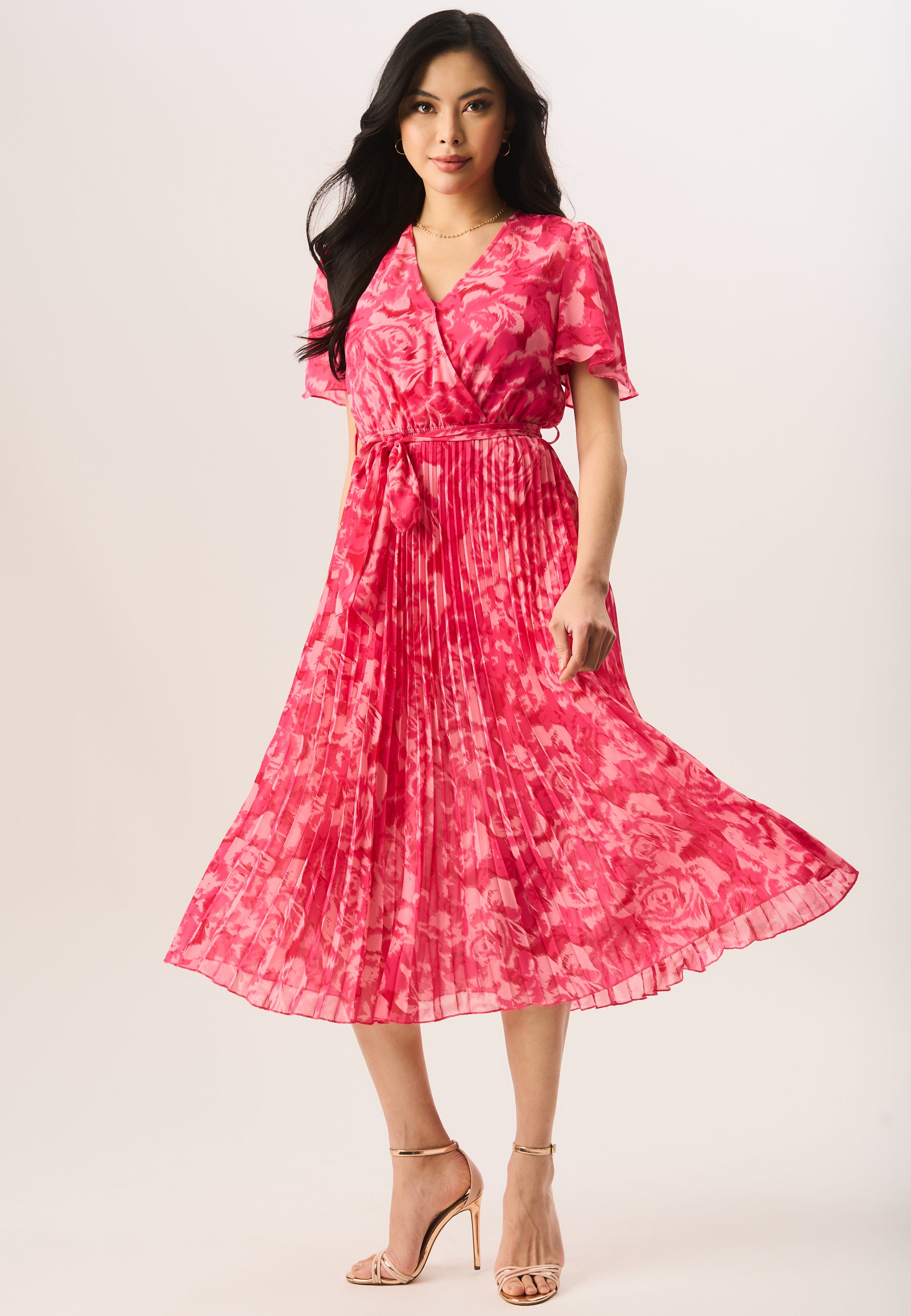 Pink Floral Angel Sleeves Pleated Midi Wrap Dress