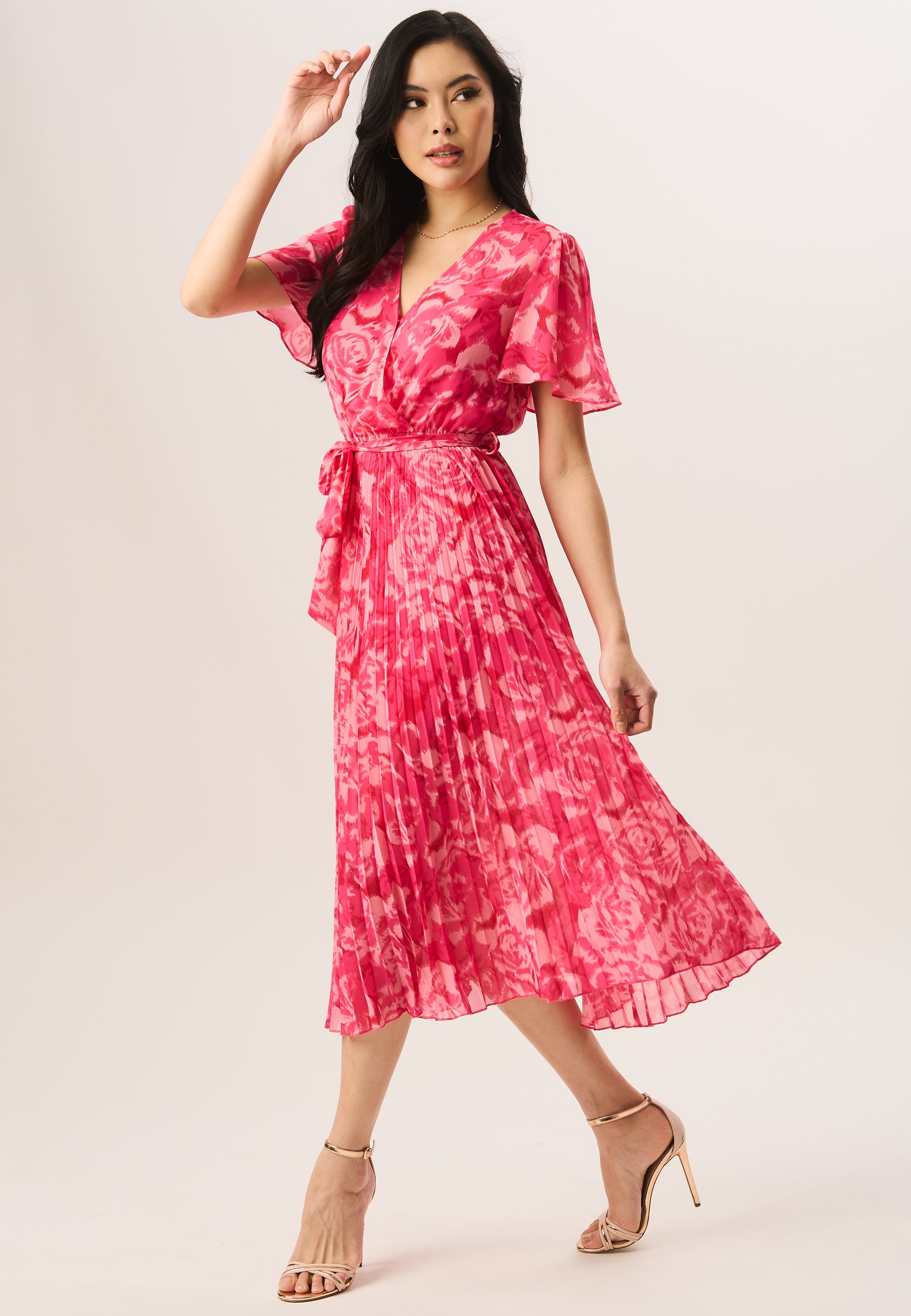 Pink Floral Angel Sleeves Pleated Midi Wrap Dress