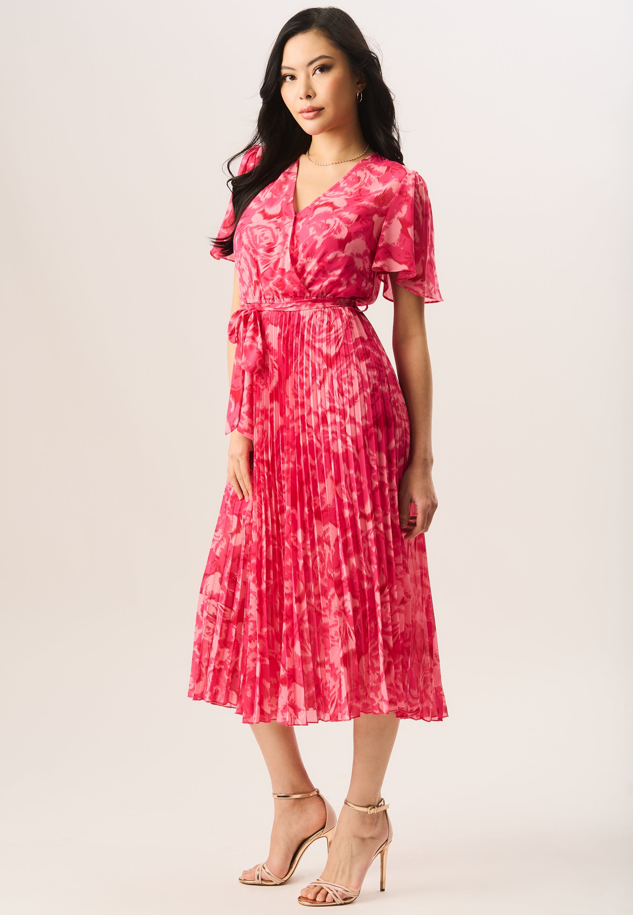 Pink Floral Angel Sleeves Pleated Midi Wrap Dress