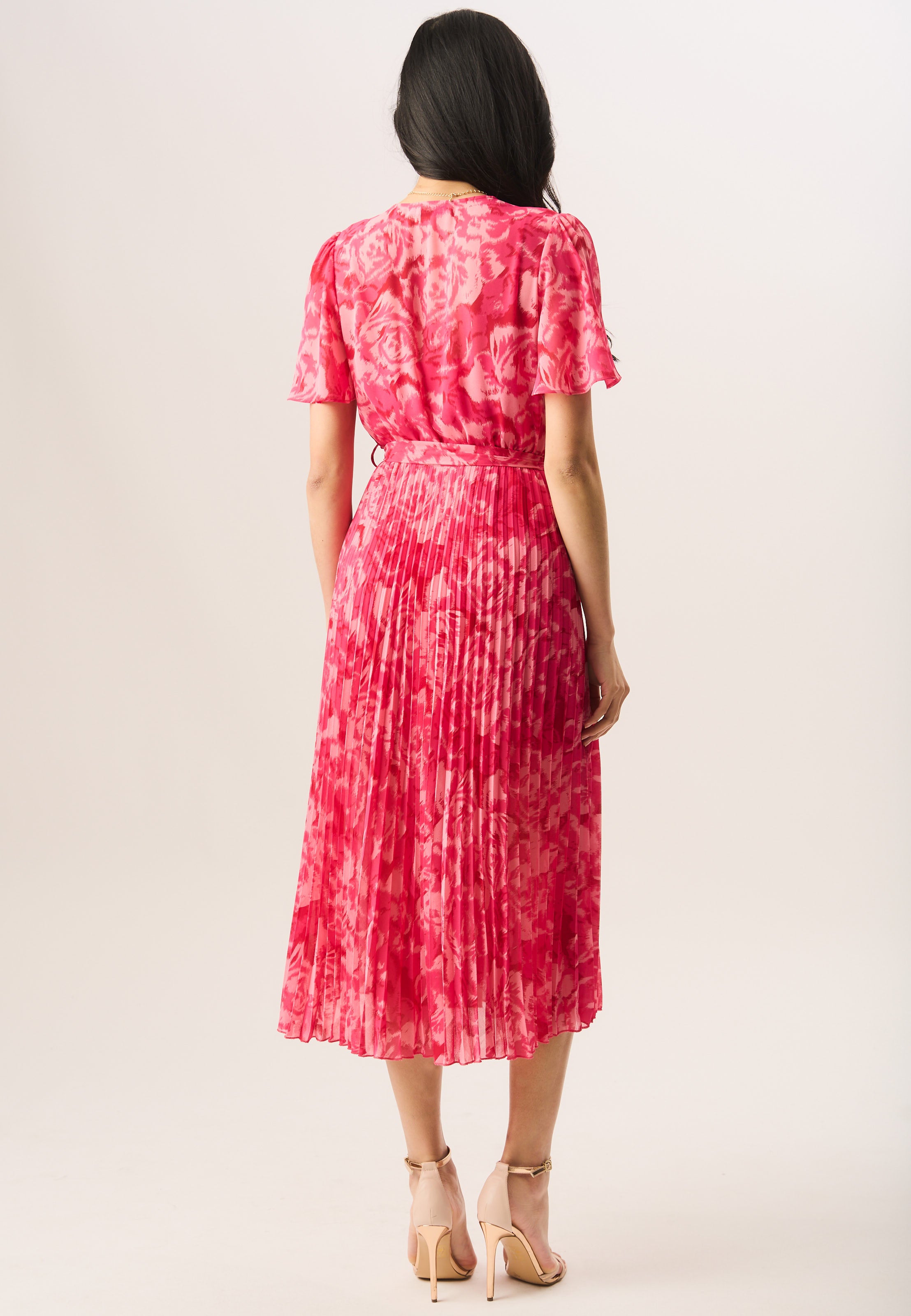 Pink Floral Angel Sleeves Pleated Midi Wrap Dress